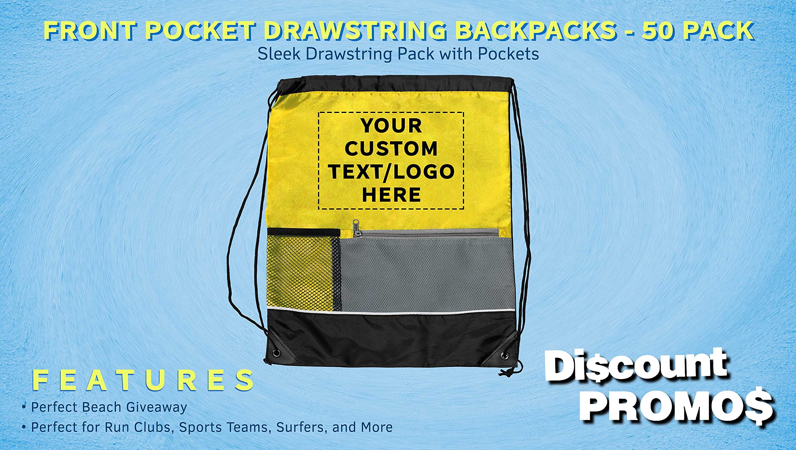 Custom Front Pocket Drawstring Backpacks - Bulk Set of 50, Personalized Reusable Lightweight Sports Bags for Promotional Events, School, Gym & Travel - Yellow Backpack with Drawstring Closure