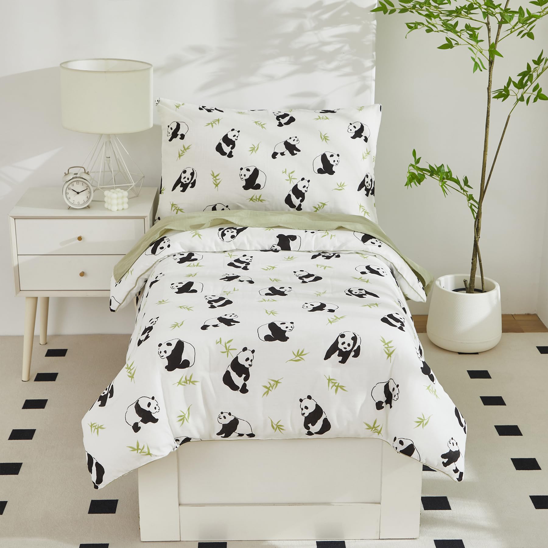 Brandream Panda Print Toddler Bedding Set - 4Pcs Neutral Nursery Bedding for Boys & Girls (Comforter, Flat Sheet, Fitted Sheet & Pillowcase) - Soft White & Green Crib Set for Cozy Sleep & Playtime