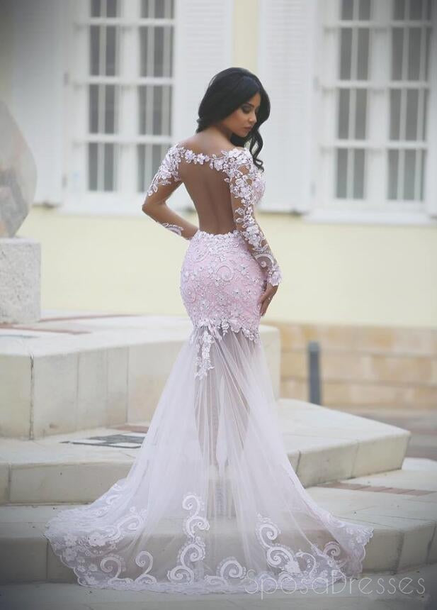 Elegant Long Sleeve Pink Lace Mermaid Evening Prom Dress - Sexy See-Through Formal Gown for Homecoming, Quinceañera & Special Occasions | Custom Tailored Prom Dresses for Women | Style 17042