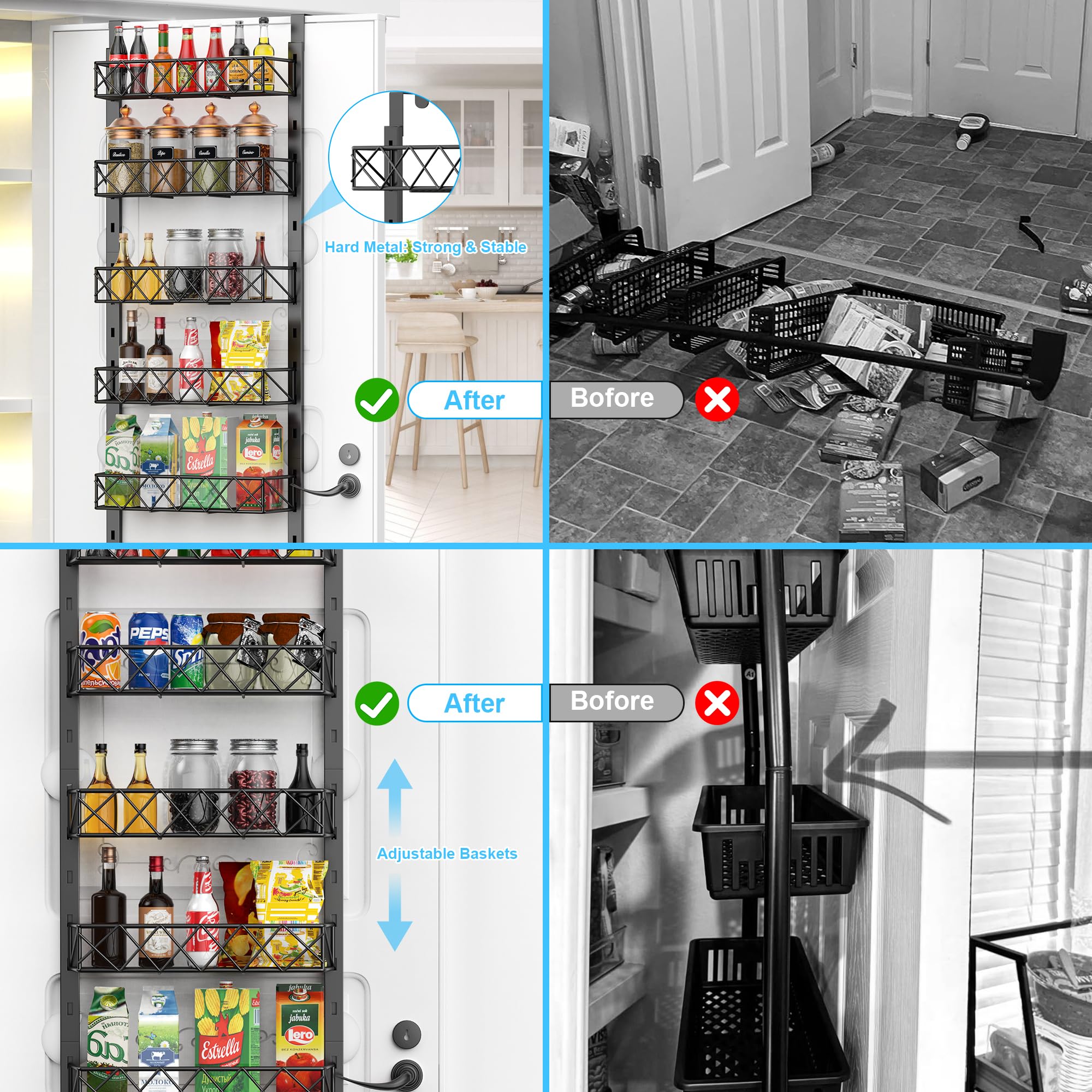 6-Tier Over the Door Pantry Organizer - Adjustable Metal Hanging Spice Rack & Storage Baskets for Kitchen, Bathroom, Closet - Space Saving Behind the Door Organizer for Spices, Snacks, Toiletries & More