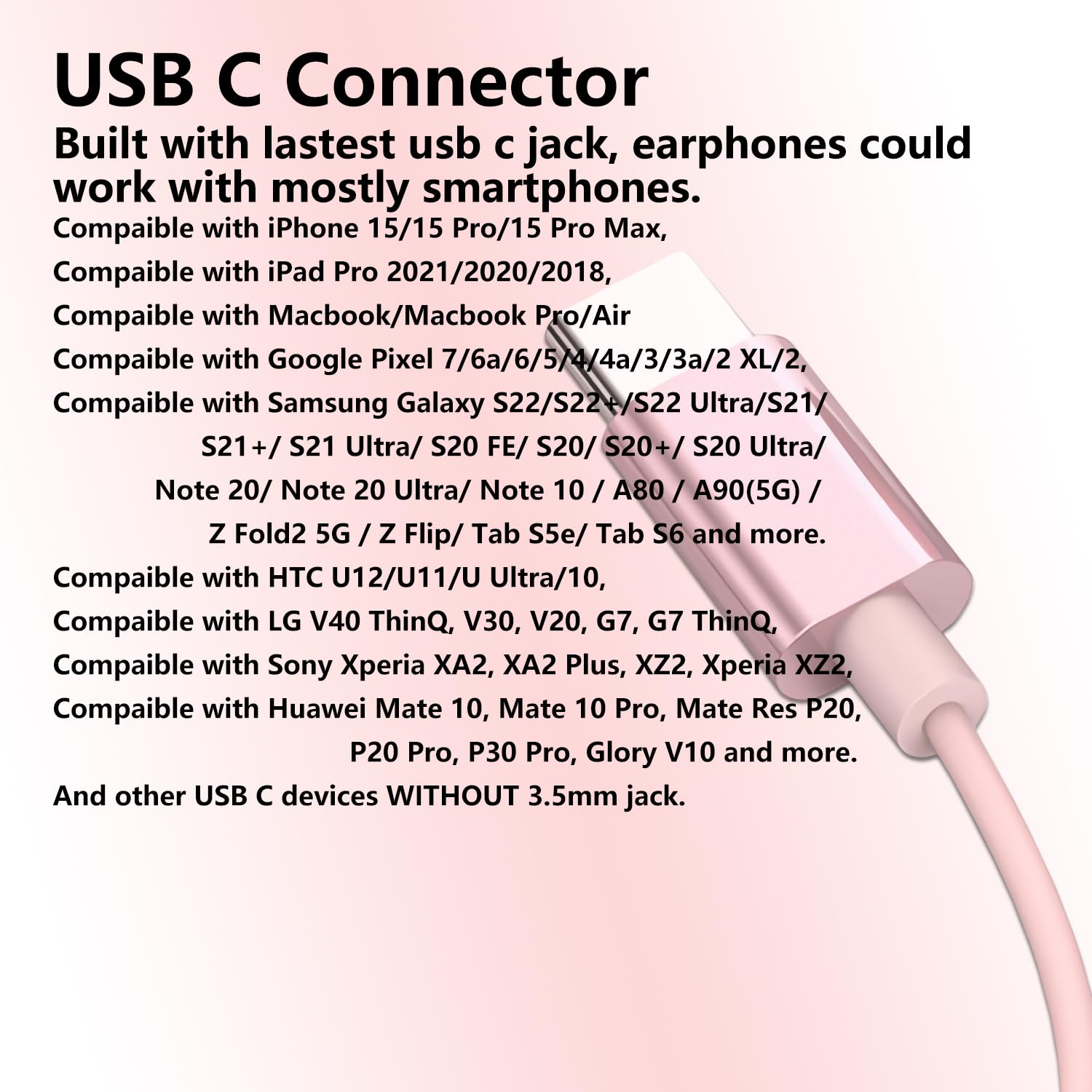 Rose Gold USB C Earbuds with Microphone - Wired Type C In-Ear Headphones with Stereo Bass & Volume Control - Compatible with iPhone 15, Samsung & Google Pixel (Perfect for Gym, Commuting & Work Calls)