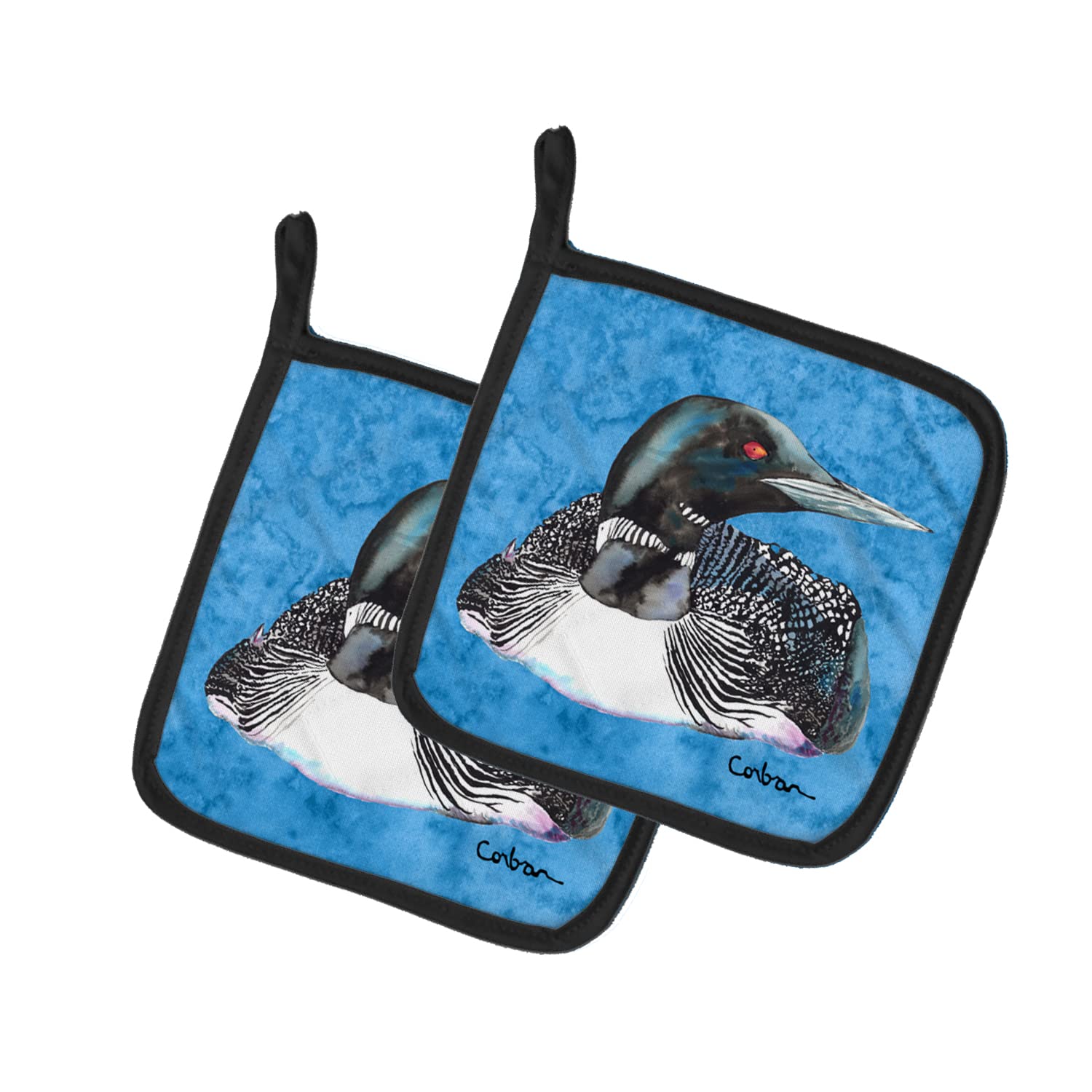 Caroline's Treasures 8717PTHD Heat Resistant Pot Holders Set - 7.5x7.5 Inch Oven Mitts for Cooking, Baking & BBQ - Loon Design Kitchen Hot Pads for Stovetop, Grilling and Baking Protection