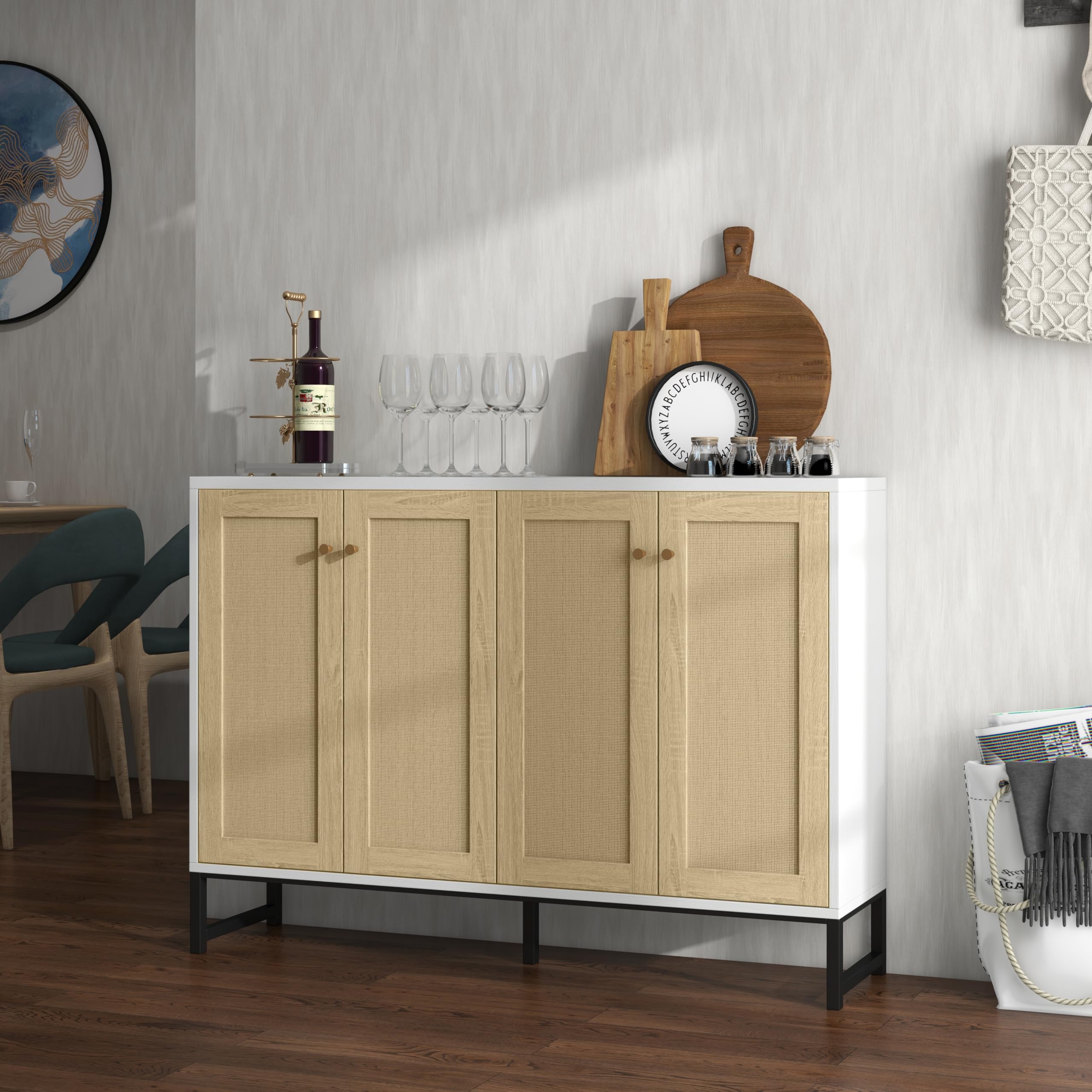 Panana 4-Door Sideboard Accent Storage Cabinet with Rattan Decor - White Freestanding Kitchen Buffet & Dining Room Cupboard | Perfect for Farmhouse Decor, Kitchen Organization & Dining Room Storage