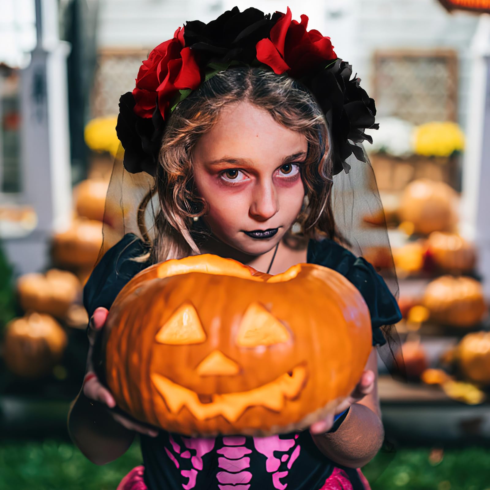 FainFun Black and Red Mexican Skull Headband - Dia de Los Muertos Veil for Halloween Parties, Costume Events & Cosplay - Perfect for Day of the Dead Celebrations, Themed Parties and Festive Occasions