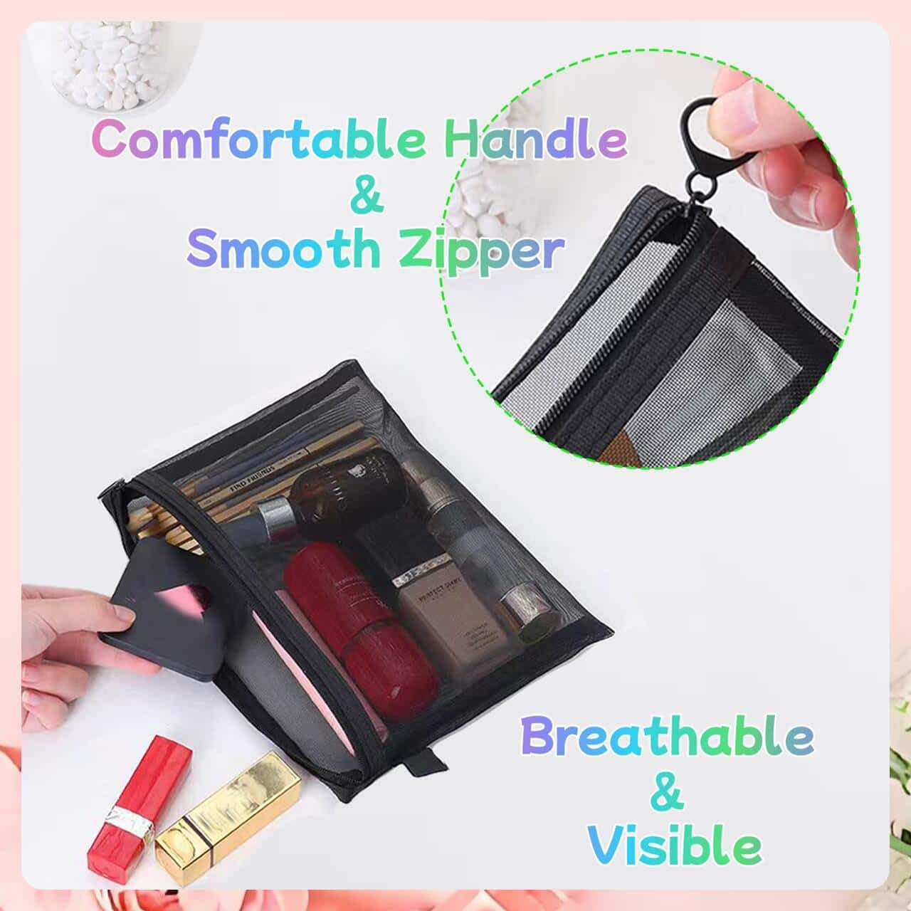 5PCS Small Mesh Zipper Pouch - Breathable Makeup Bags & Cosmetic Organizers with Secure Zipper Closure | Perfect for Travel, Coin Storage, Toiletry Organization & Daily Essentials (Black)