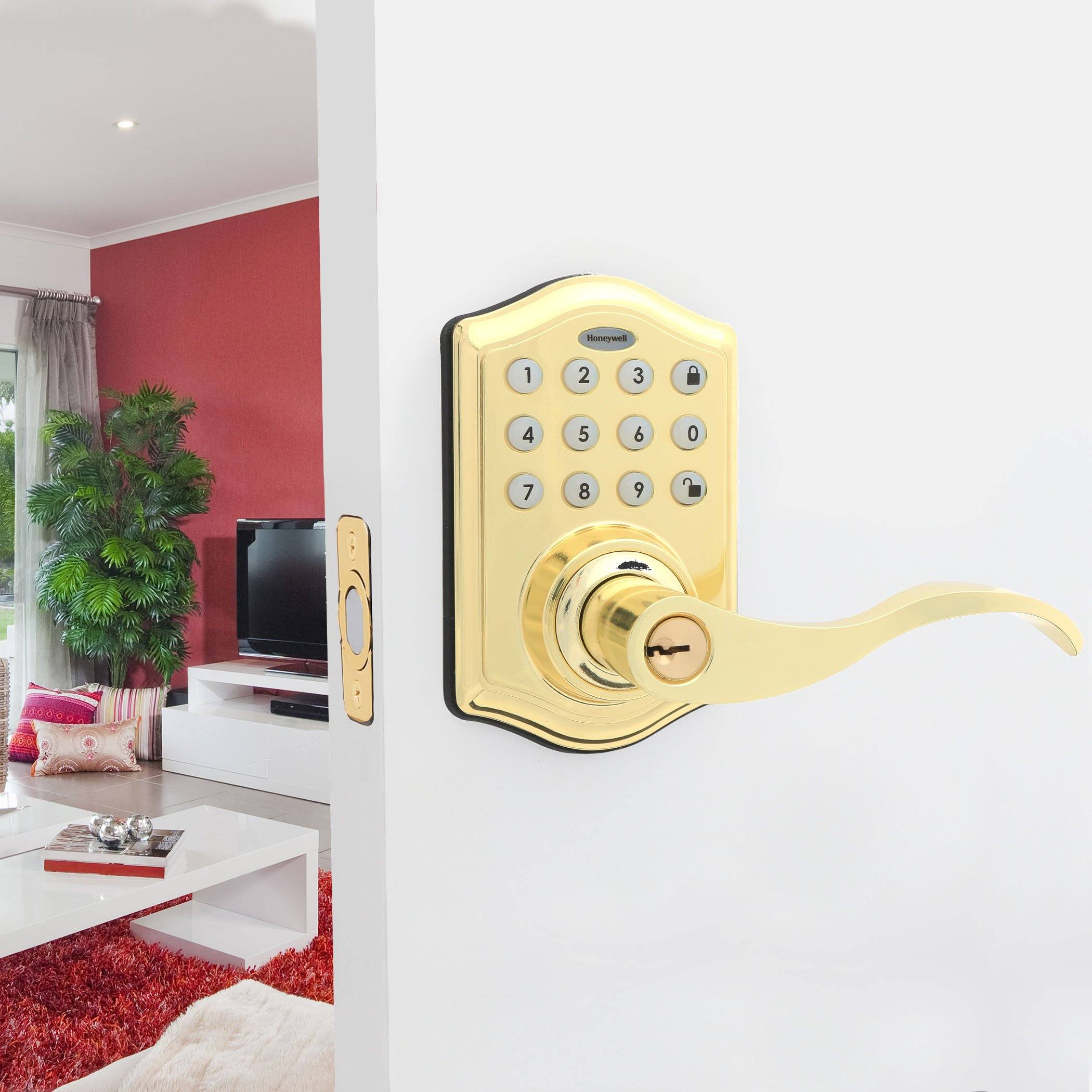 Honeywell 8734001 Electronic Keypad Entry Lever Door Lock in Polished Brass - Secure Smart Home & Office Access Control