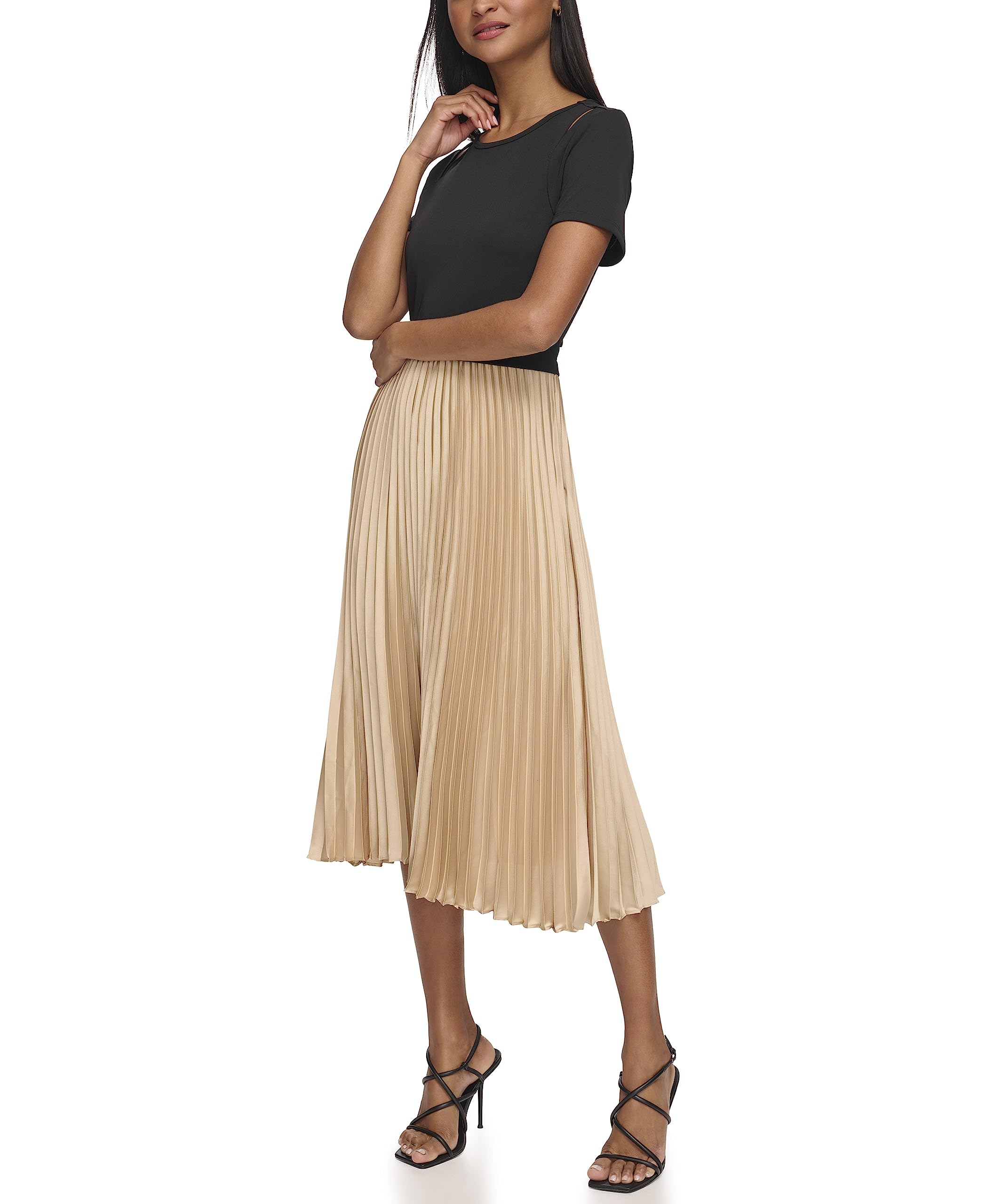 KARL LAGERFELD Women's Pleated Cut Out Dress - Elegant Sleeveless Midi Dress for Party, Wedding & Special Occasions