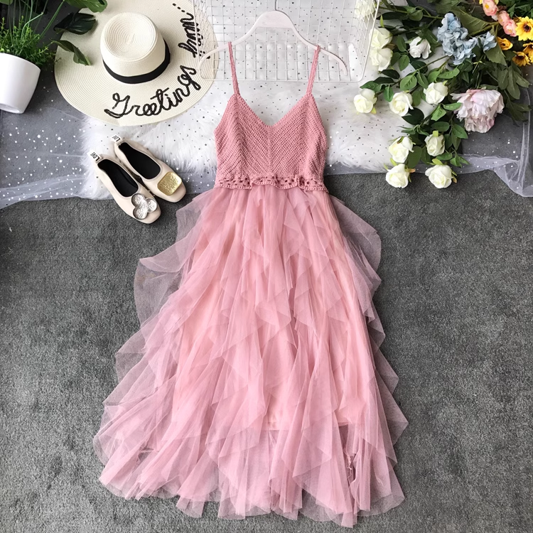 Elegant French Knit V-Neck Open Back Dress with Asymmetrical Mesh Cake Skirt - Perfect for Cocktail Parties, Date Nights & Special Occasions