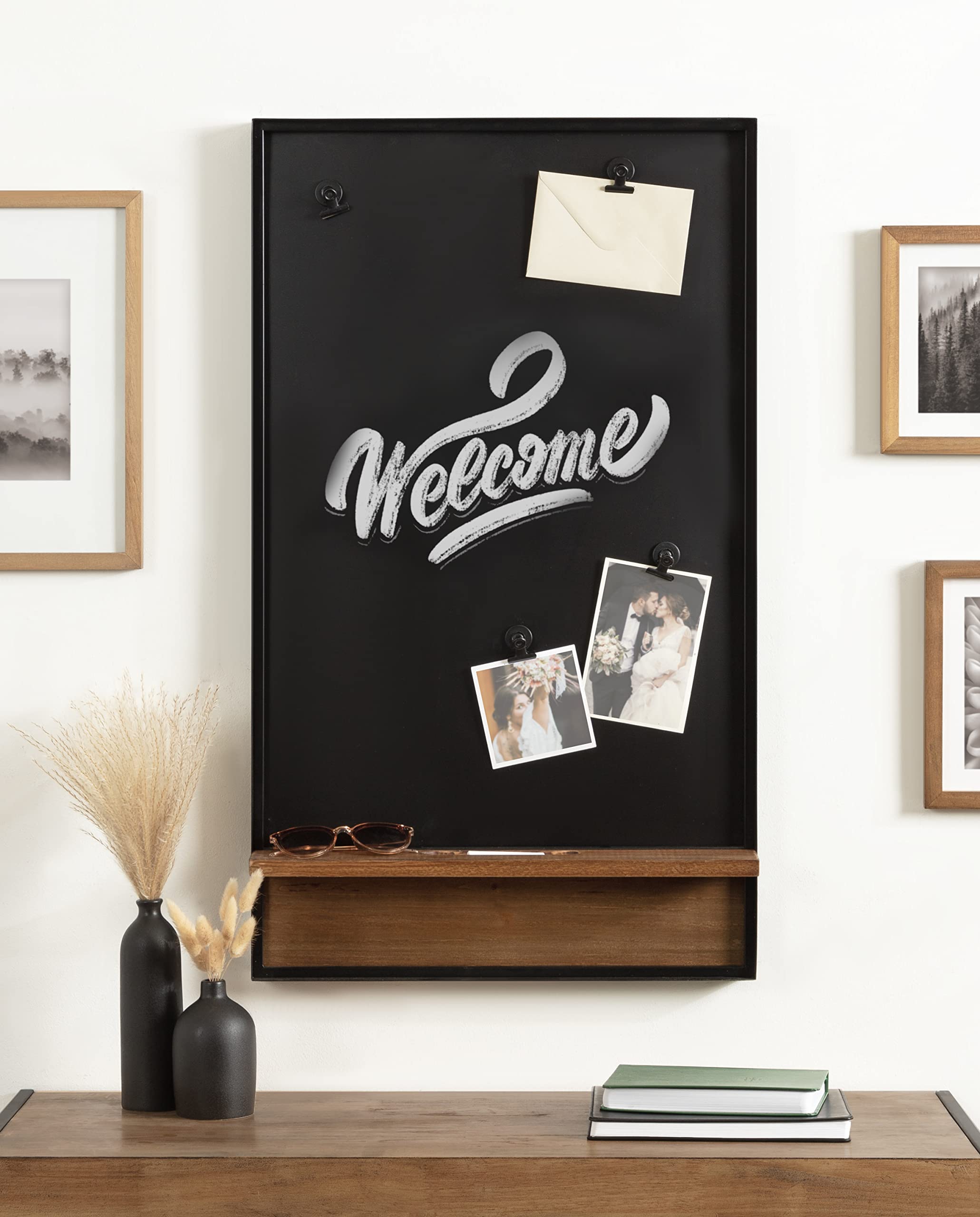 Kate & Laurel Modern Farmhouse Magnetic Chalkboard with Shelf - 20x34 Inch Rustic Brown & Black - Home Organization Board with Chalk Slot & 4 Magnetic Clips - Perfect for Kitchen Memos, Office Notes & Kids' Doodle Board