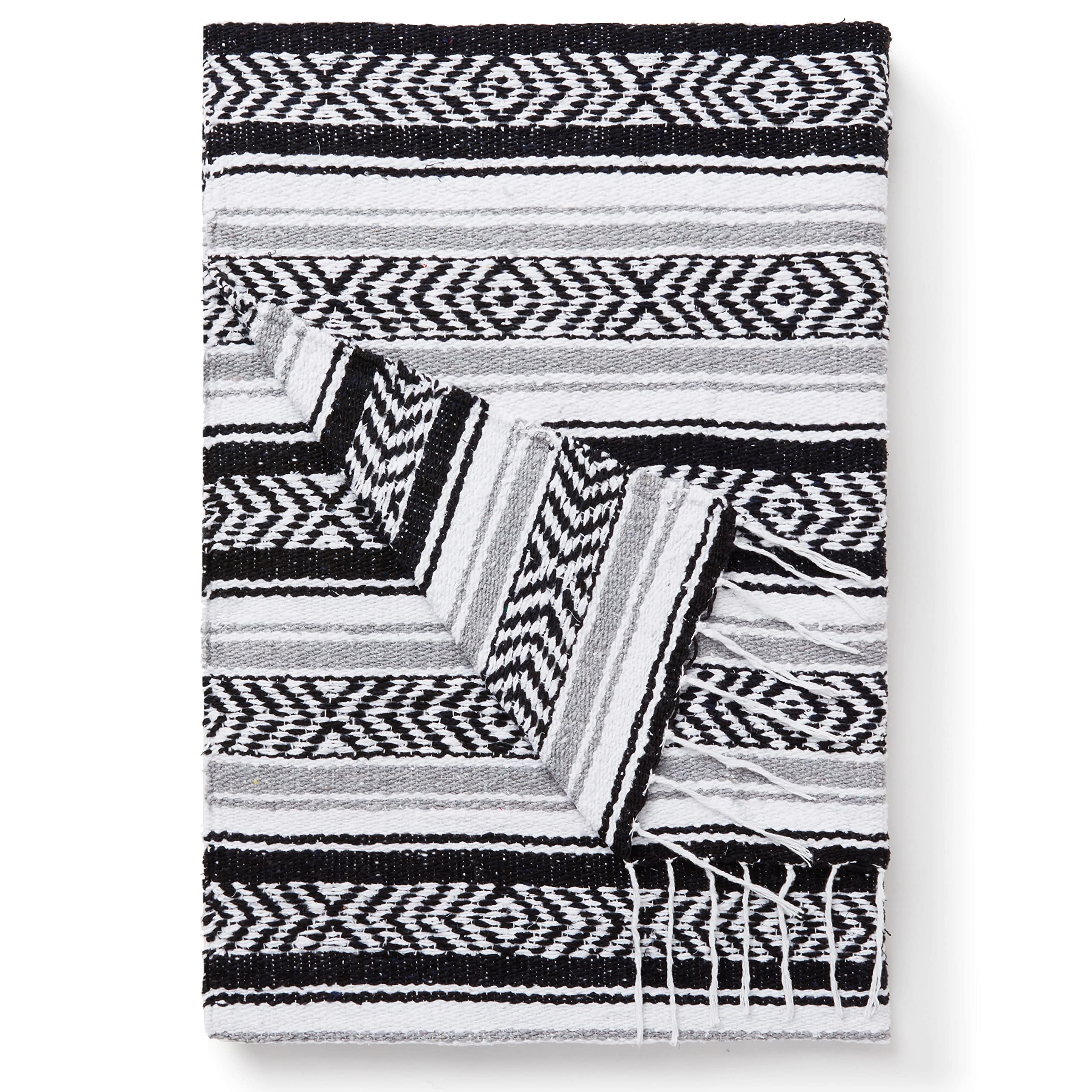 Laguna Beach Textile Co Handmade Mexican Serape Blanket - Black & Gray Traditional Woven Throw for Beach, Yoga, Camping, Picnics & Home Decor - Soft & Durable Noir Design