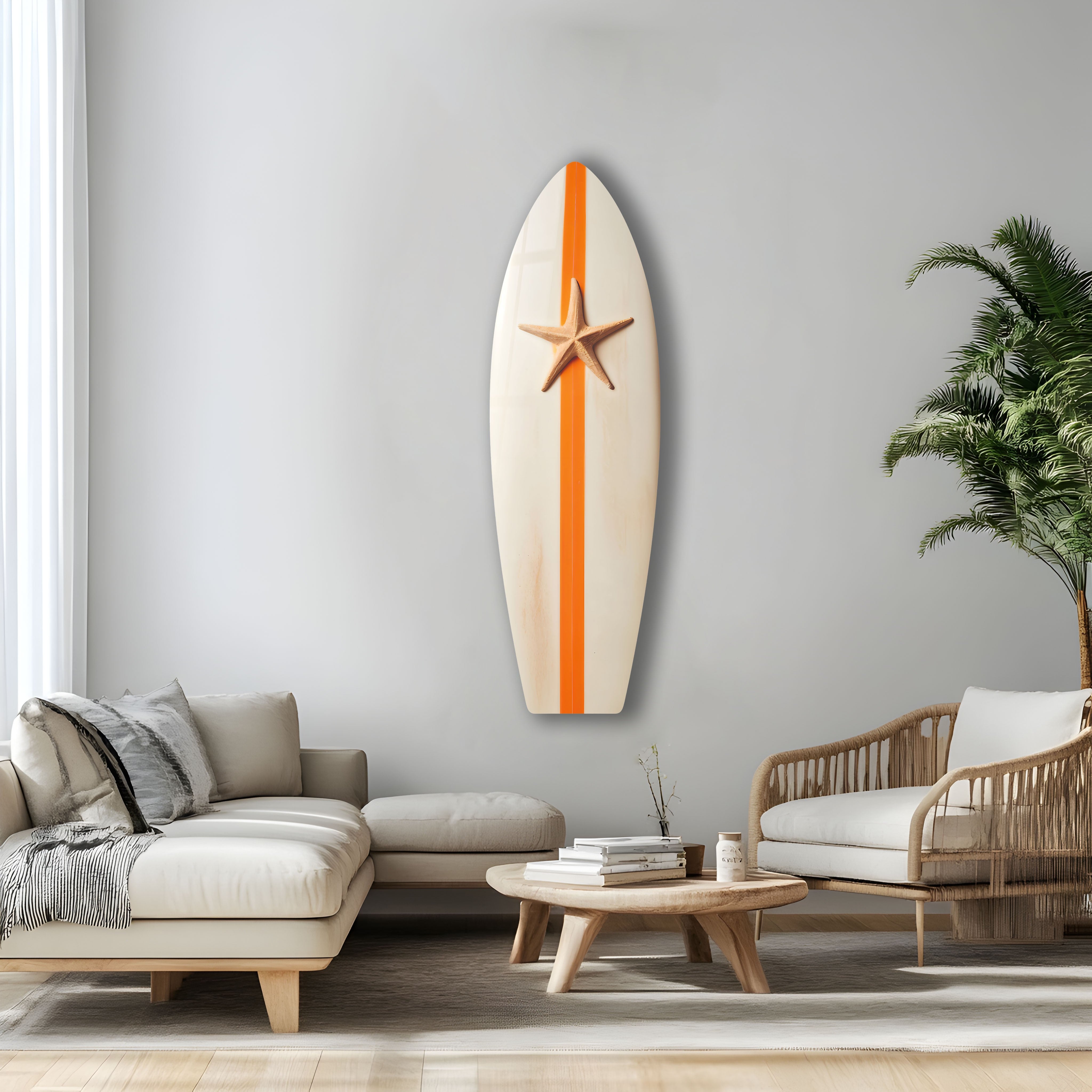 Beach Sea Star Surfboard Wall Art - Coastal Decor for Living Room, Bedroom & Office - Nautical Themed Handmade Wooden Surfboard Decor