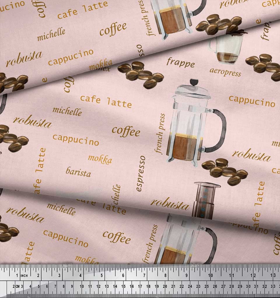 Soimoi 42 Inch Wide Pink Silk Fabric by The Yard - Printed Text & Coffee Maker Design - Contemporary Material for DIY Sewing, Upholstery & Home Decor - Perfect for Kitchen Curtains, Table Runners & Caffeine-Themed Crafts