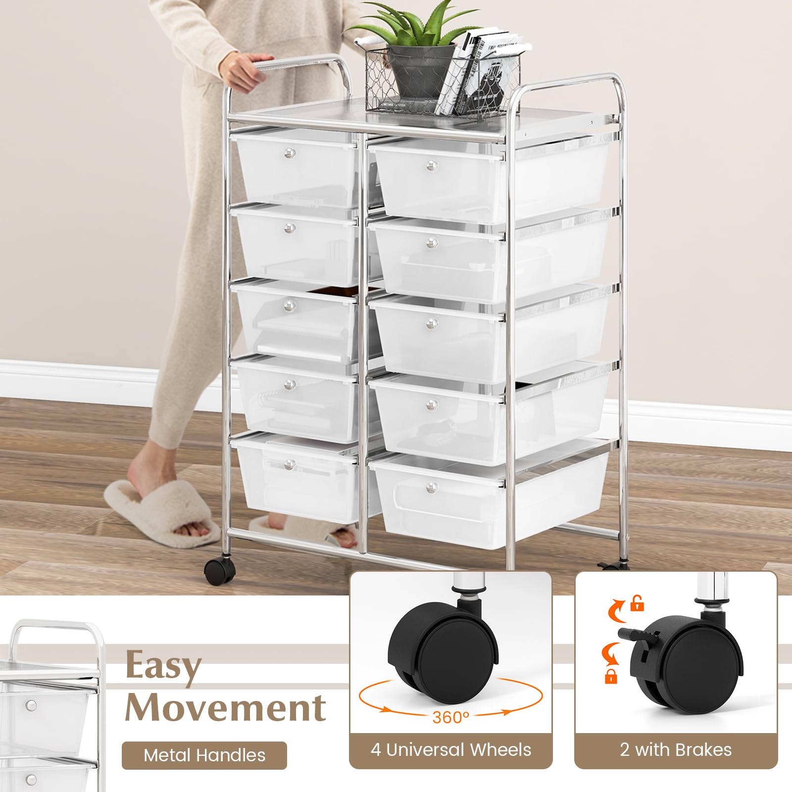 Byroce 10-Drawer Rolling Cart with Wheels - Multipurpose Craft Storage Organizer for Art Supplies, Tools, Paper - Utility Cart for School, Teacher, Home & Office Use (Clear) - Perfect for Classroom Organization, Craft Room Storage & Mobile Office Supplies