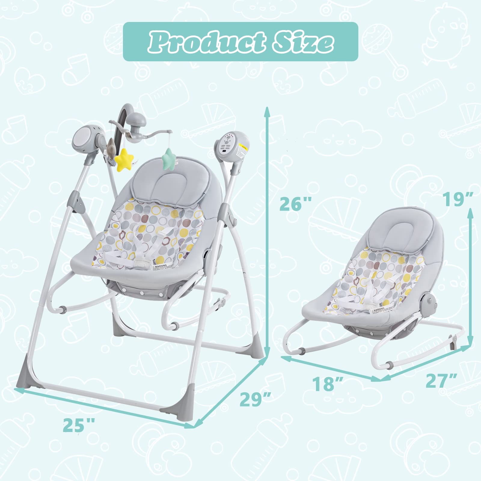 INFANS 2-in-1 Baby Swing and Bouncer for Newborns 0-6 Months - Portable Infant Rocker with 5 Speed Settings, Soothing Music, Timer, 3 Hanging Toys & Remote Control - Easy Fold Compact Electric Swing for Boys & Girls - Perfect for Nursery, Living Room & Travel