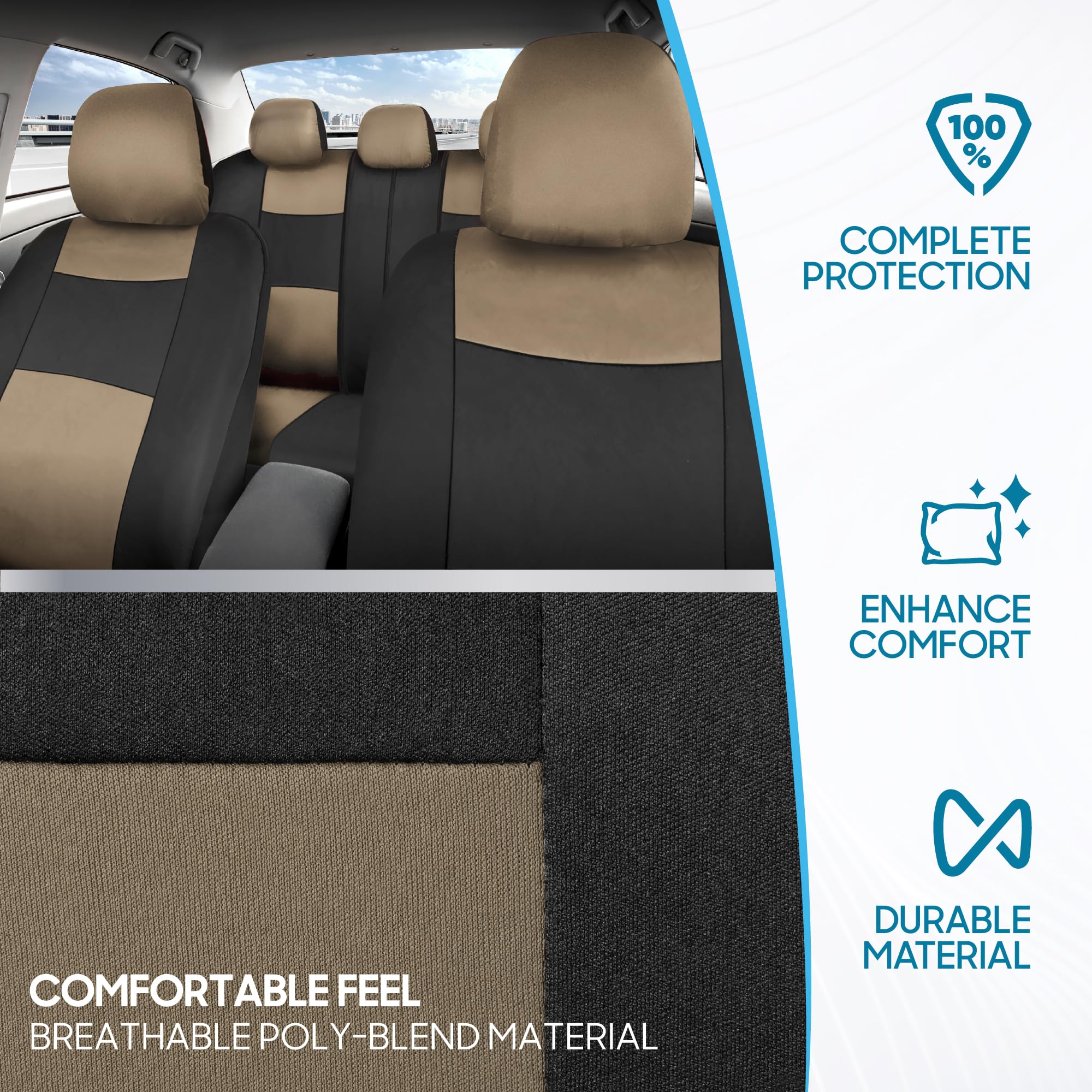 BDK PolyPro Full Set Car Seat Covers - Beige on Black Split Bench Design for Front & Rear Seats | Universal Fit for Cars, Trucks, Vans & SUVs | Easy Installation | Perfect for Daily Commute, Road Trips & Family Protection