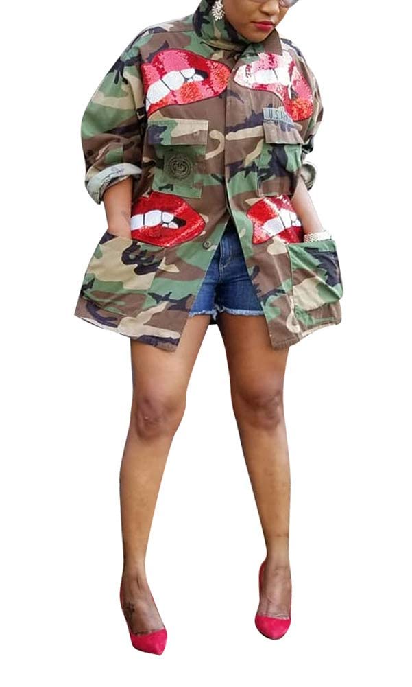 NRTHYE Women's Camo Blazer Jacket - Army Green Bomber Coat with Lapel & Long Sleeves, Classic Pockets Overcoat for Office, Casual Outfits & Outdoor Adventures