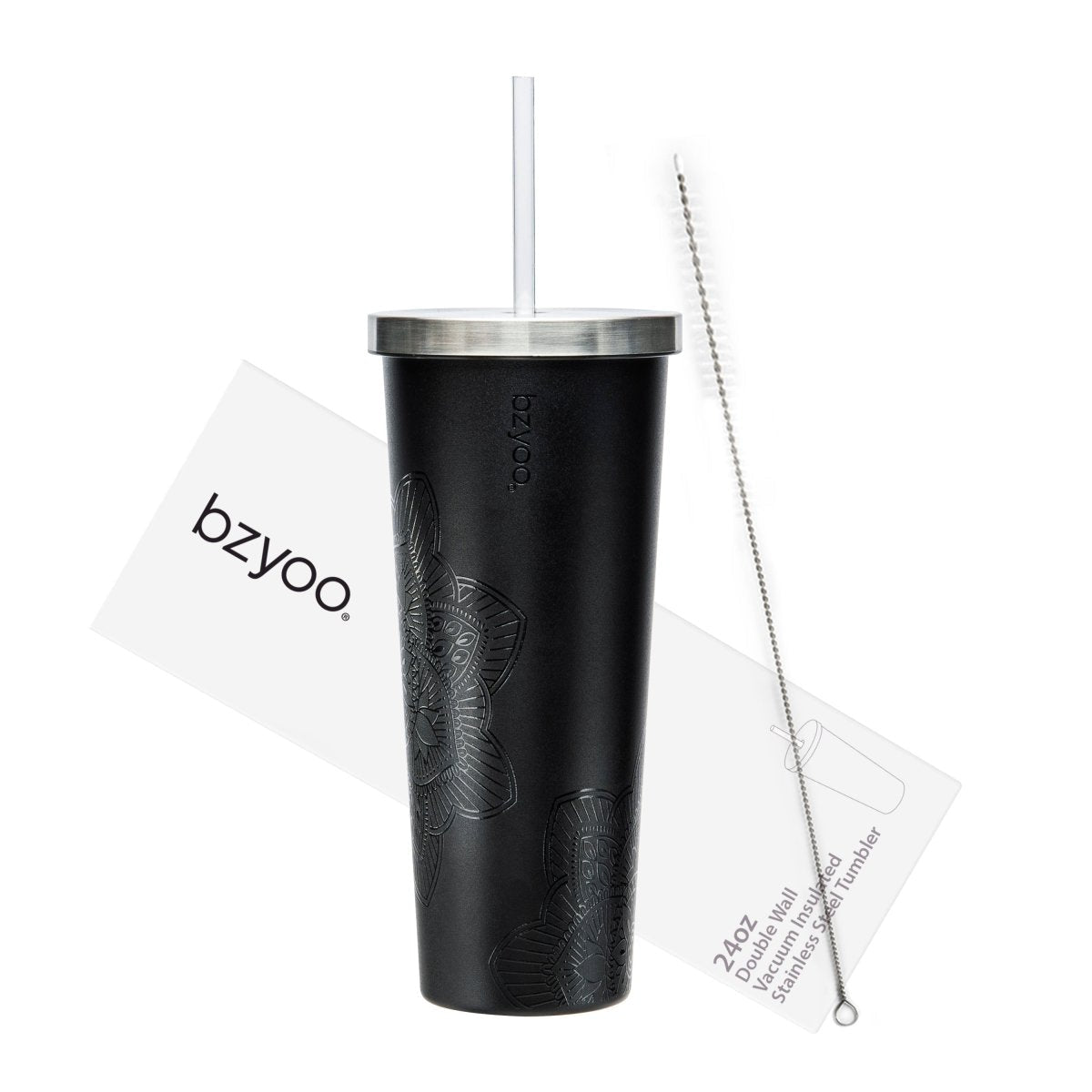 24oz Double Wall Vacuum Insulated Stainless Steel Tumbler with Straw Lid - La La Mandala Black Design | Leakproof Travel Mug for Coffee, Tea & Cold Drinks | Perfect for Office, Gym & Outdoor Activities