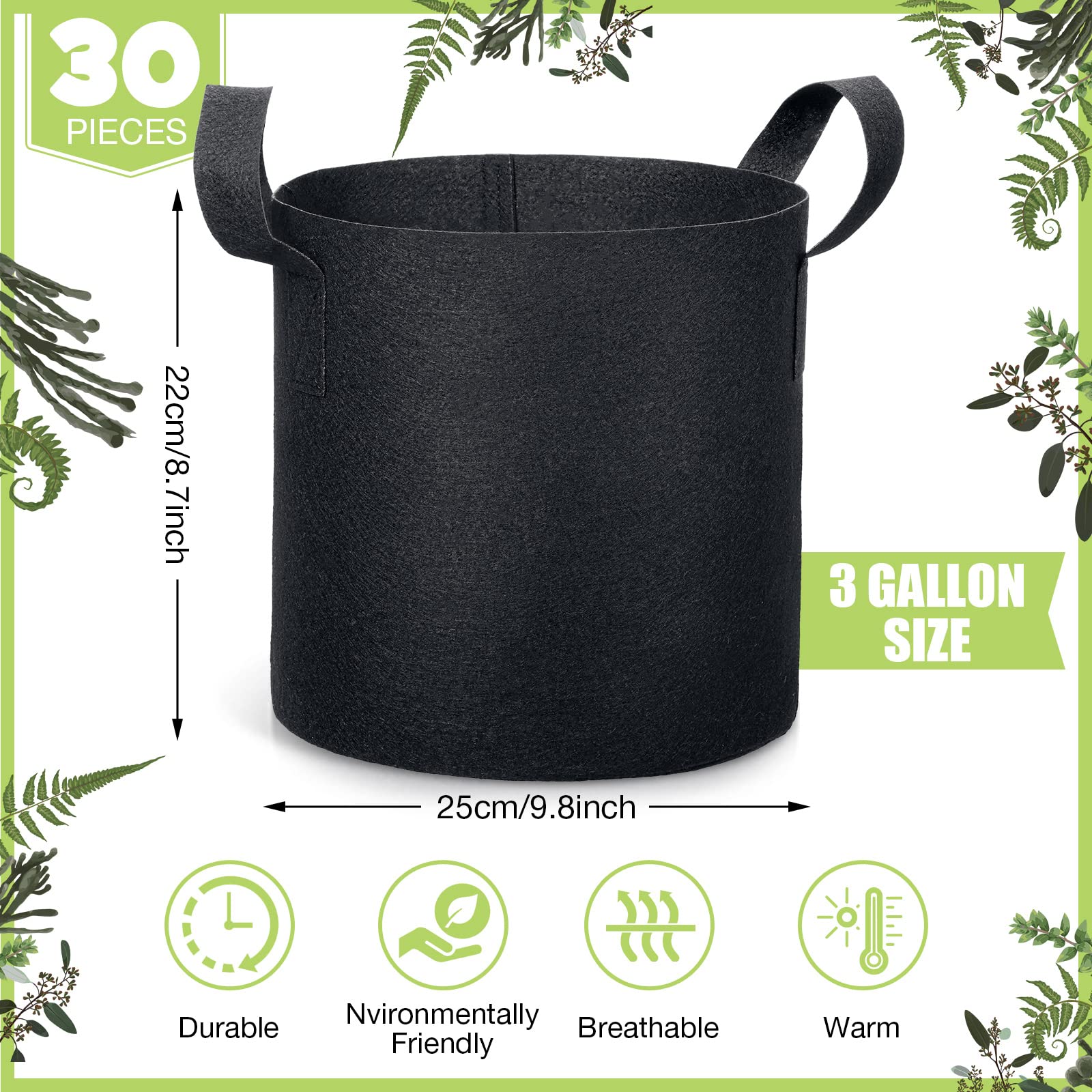 Boao 30 Pack 3 Gallon Aeration Fabric Grow Bags with Handles - Thickened Non-Woven Plant Pots for Vegetables, Flowers & Herbs - Ideal for Indoor/Outdoor Gardening, Balcony Planting & Container Gardening