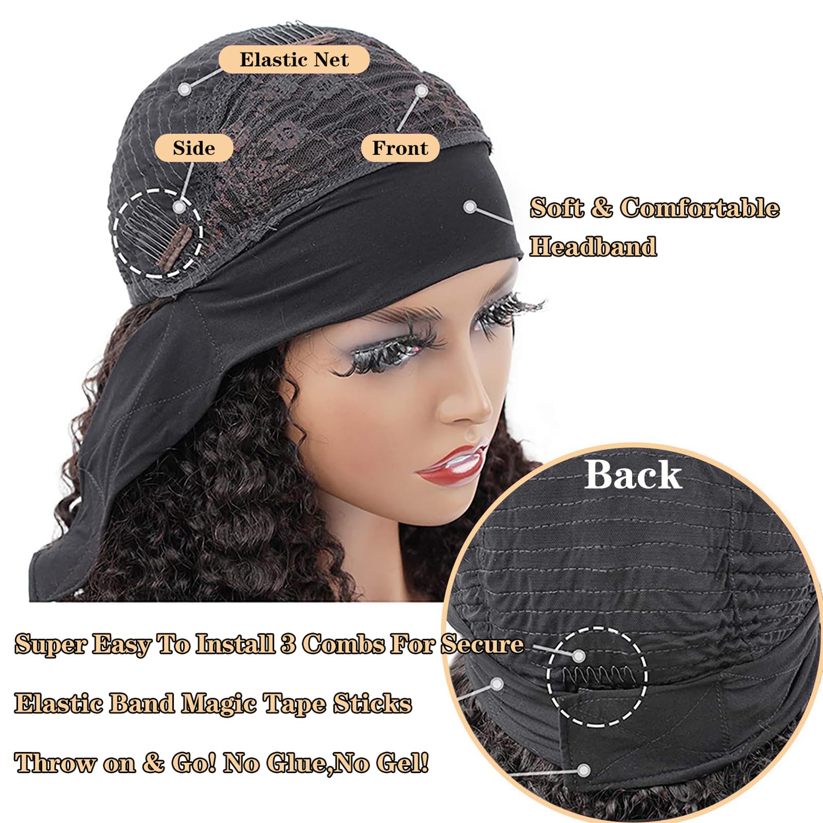 180% Density Brazilian Virgin Human Hair Deep Wave Headband Wig for Black Women - Glueless Machine Made None Lace Front Wigs with Deep Curly Headband (24 Inch) | Perfect for Daily Wear, Parties, Weddings & Protective Styling