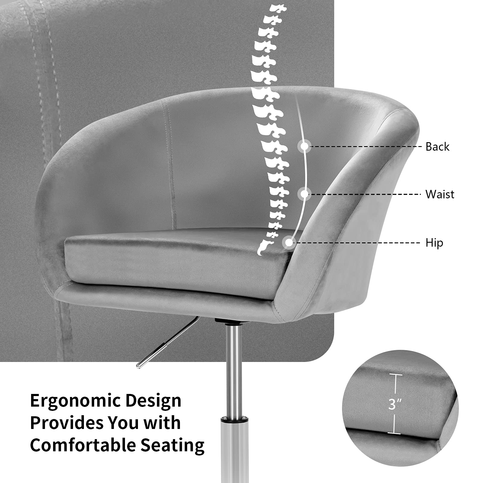 COSTWAY Adjustable Height Velvet Makeup Vanity Chair with Chrome Frame - Modern Round-Back Swivel Accent Chair for Bedroom, Living Room & Dressing Area - Soft Grey Upholstered Leisure Stool (Perfect for Makeup, Reading & Relaxing)