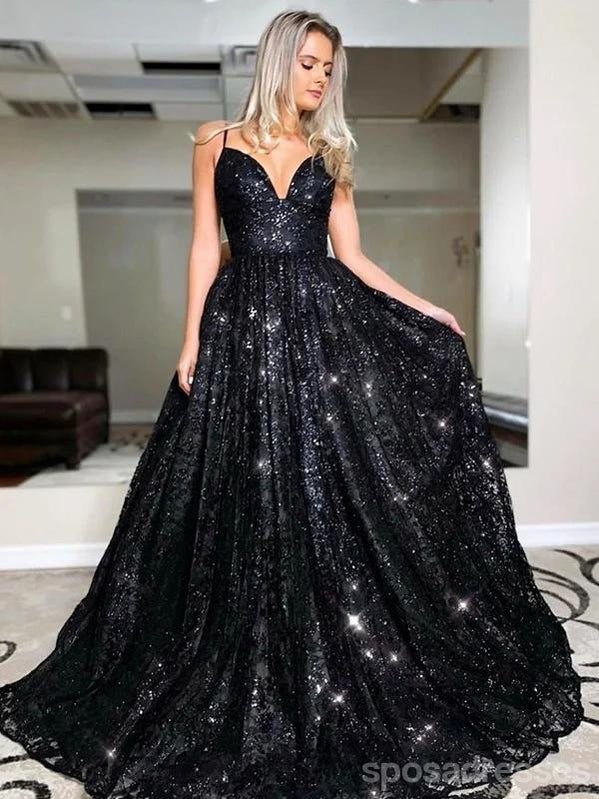Elegant Black A-Line Spaghetti Strap V-Neck Backless Long Prom Dress for Women - Perfect for Evening Parties, Homecoming, and Formal Events