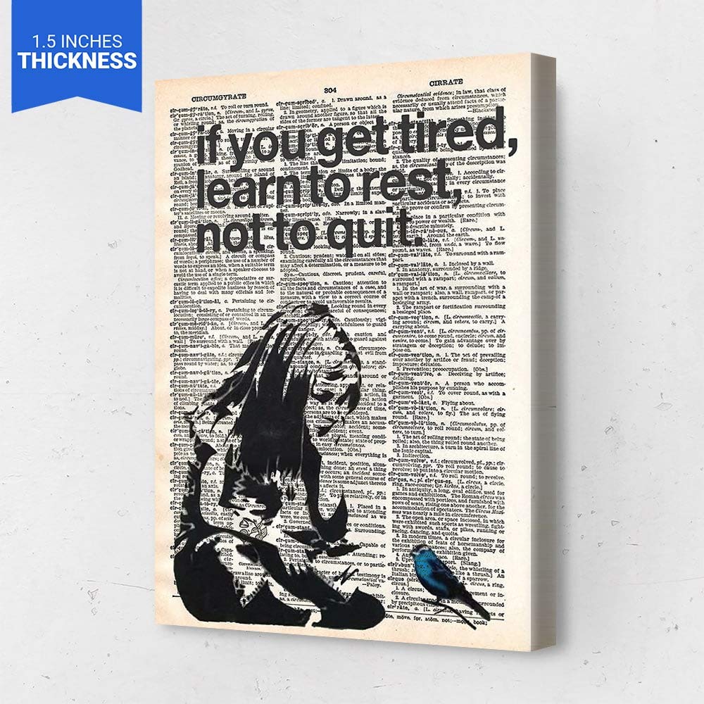 Banksy Vertical Collections Street Art Canvas - Ready to Hang Wall Decor (24x36 Inches, Gallery Wrapped, 'Girl If You Get Tired Learn To Rest Not To Quit' Dictionary Page Design) - Perfect for Living Room, Bedroom or Office - Made in USA