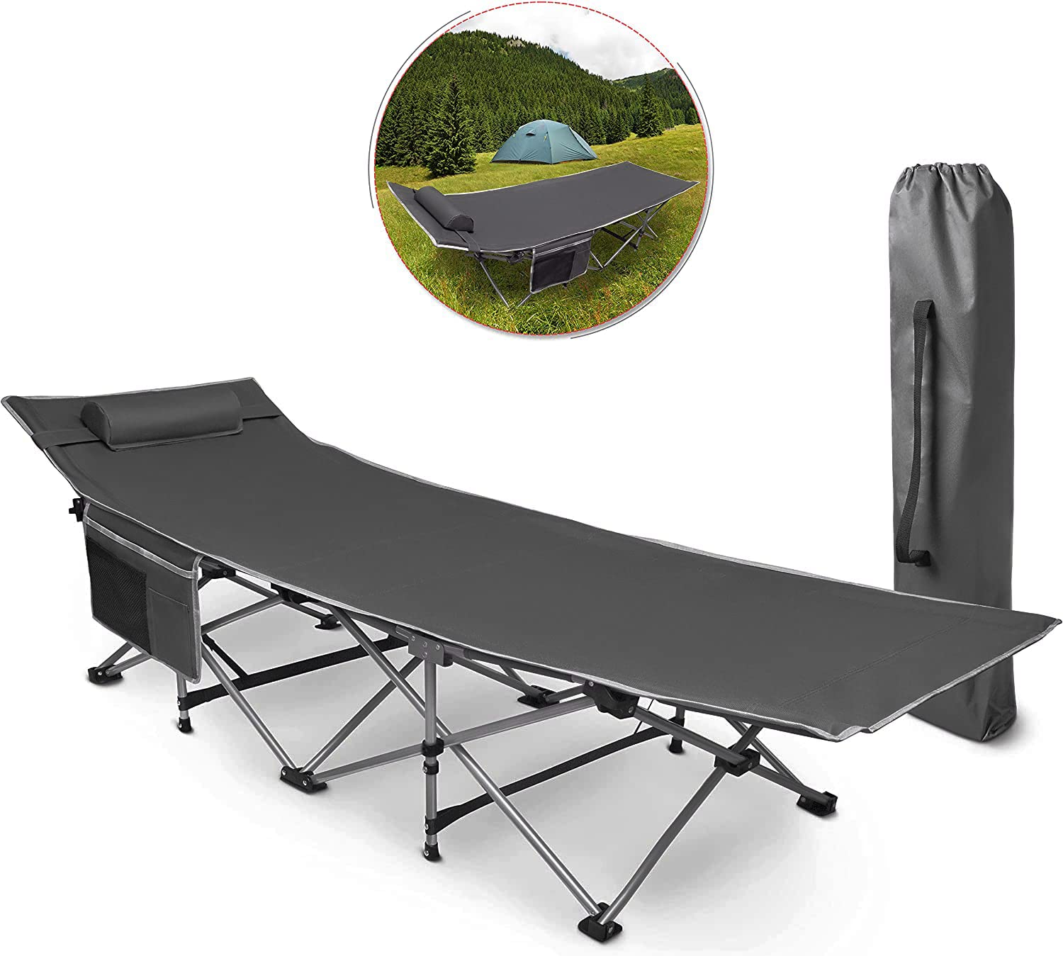 VaygWay Lightweight Folding Camping Cot - Portable Heavy Duty Travel Bed for Adults & Kids with Storage Pocket - Grey Compact Sleeping Cot for Outdoor Hiking, Backpacking, Beach Trips and Emergency Preparedness (1 Pack)