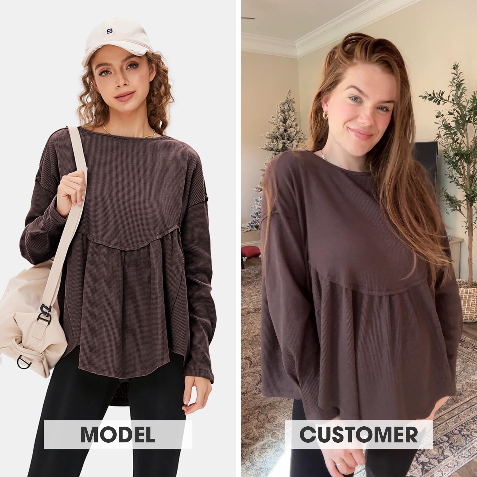 EXLURA Womens Waffle Knit Long Sleeve Crewneck Tunic Top - Loose Babydoll Blouse for Maternity & Casual Wear | Fall Fashion 2025 | Perfect for Layering, Office Outfits and Autumn Styling