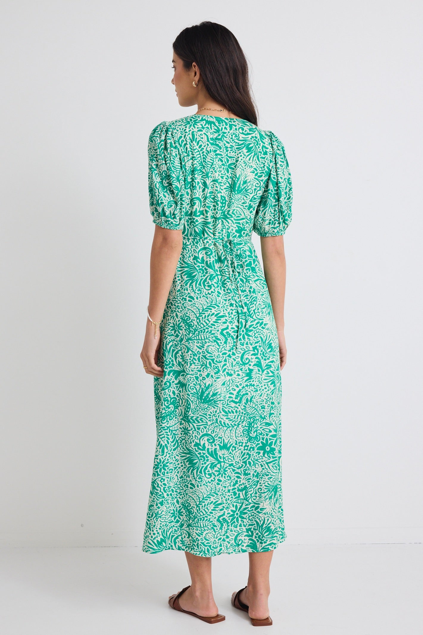Elemental Green Batik Print Short Sleeve Button Front Midi Dress - Boho Chic Summer Dress for Beach Vacation, Date Night & Casual Outings