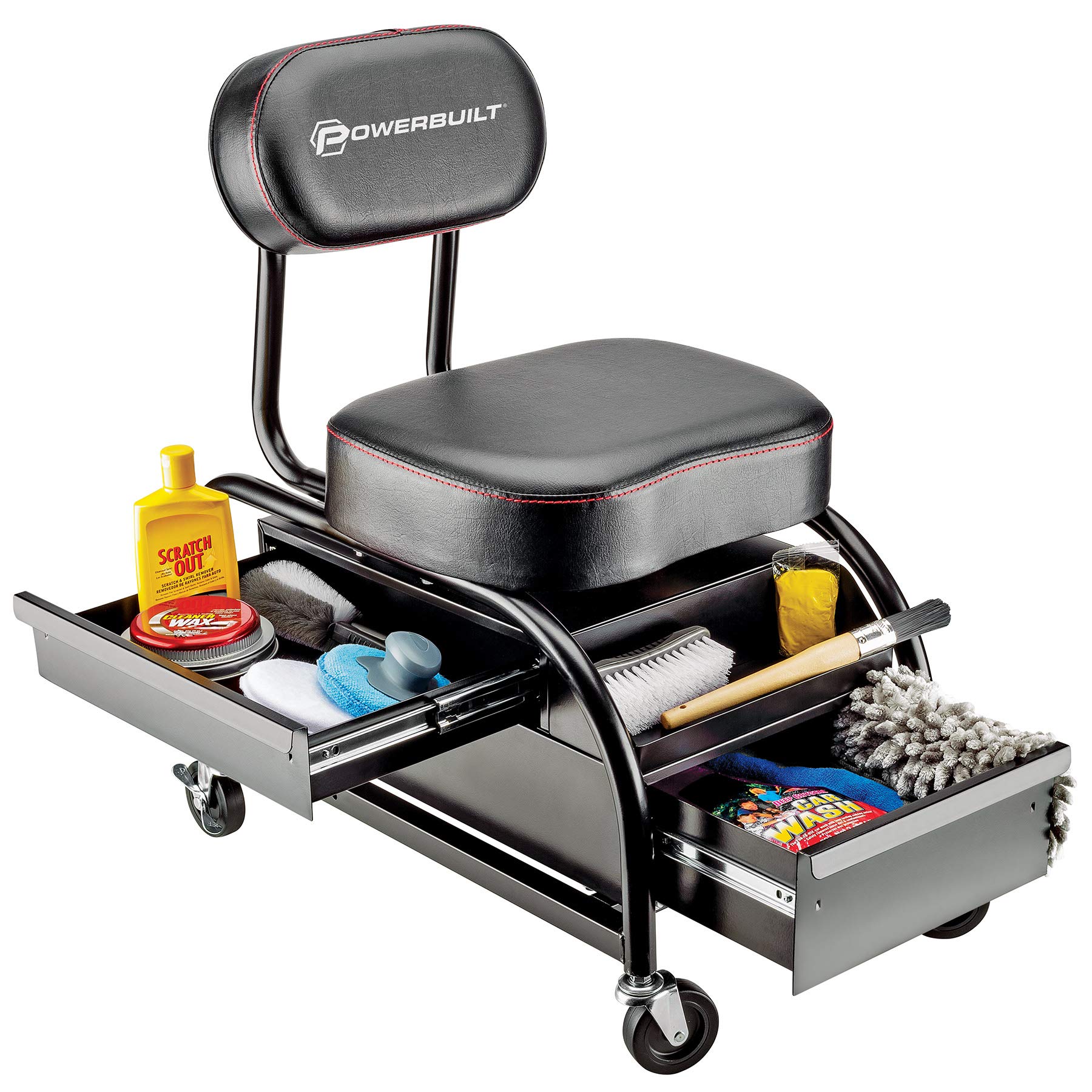 Powerbuilt Professional Car Detailers Mechanics Roller Seat - Heavy Duty Garage Stool with Padded Seat & Backrest, 2 Sliding Storage Drawers, Tool Tray & Cup Holders - 3