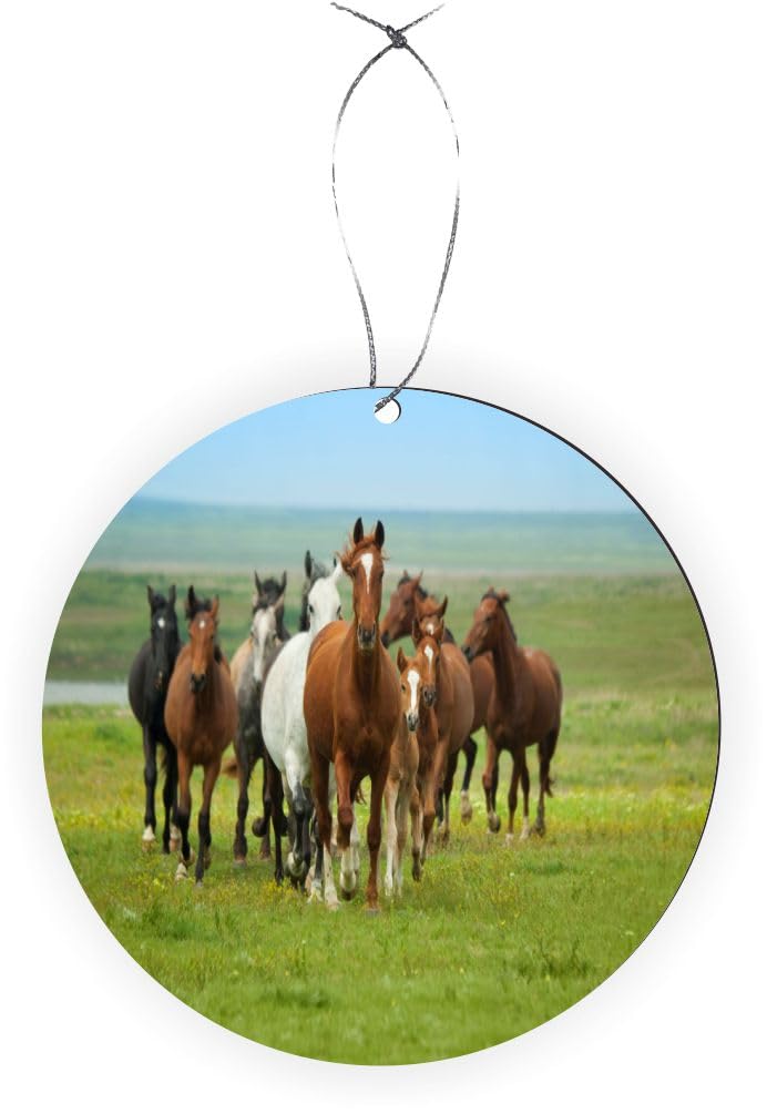 Brown Horses Galloping in Field - Round Scalloped Car Ornament | Rearview Mirror Hanging Accessory for Vehicles | Christmas Tree & Auto Decor | Perfect for Holiday Gifts, Car Interior Decorations & Seasonal Home Decor