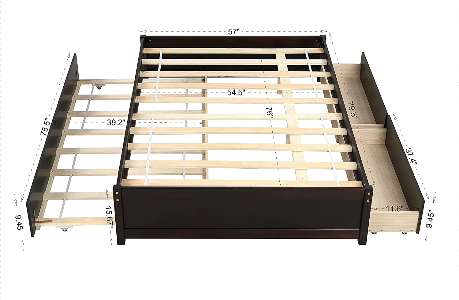 Rophefx Full Size Platform Bed with Twin Trundle and 2 Storage Drawers, Solid Wood Kids Bed Frame in Espresso Finish - Perfect for Small Bedrooms, Guest Rooms & Kids' Sleepovers
