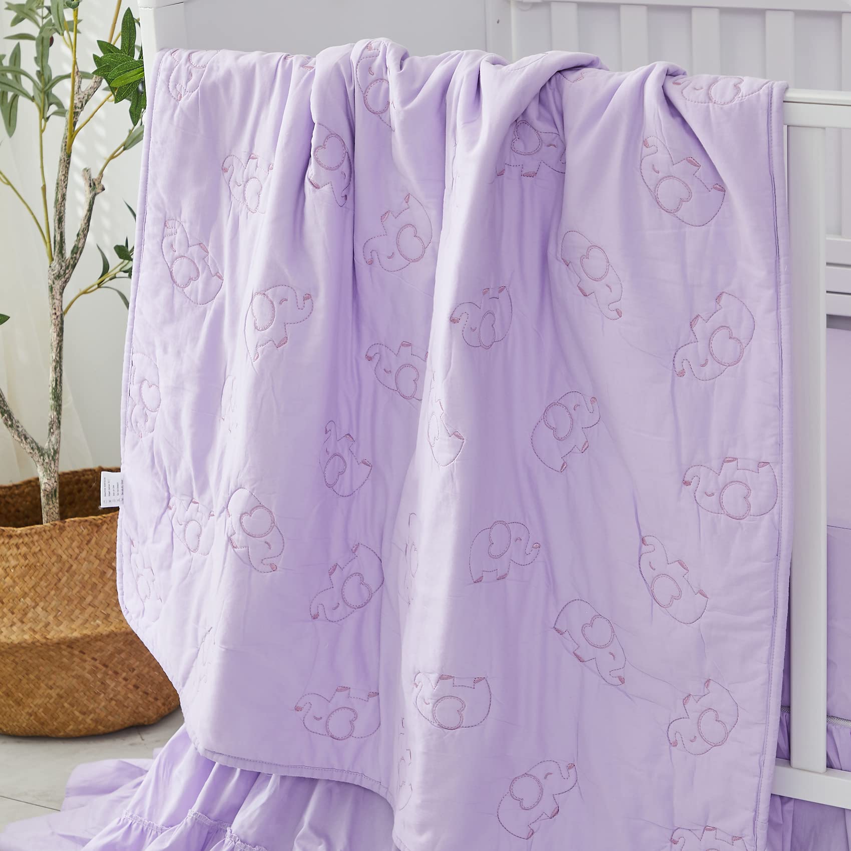 Brandream Purple Baby Girls 6-Piece Cotton Crib Bedding Set with Embroidered Elephant Quilt, Fitted Crib Sheet & Bed Skirt | Soft Nursery Bedding for Newborns & Toddlers | Perfect for Nursery Decor, Baby Showers & Gift Giving