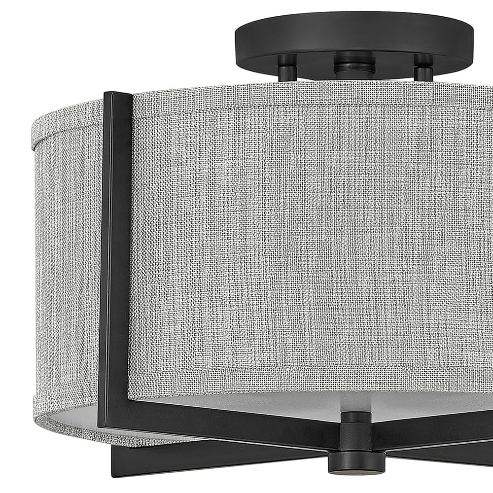 Hinkley Axis Two Light LED Semi-Flush Mount Ceiling Fixture - Galerie Collection with Black Finish & Heathered Gray Slub Shade - Perfect for Bedroom, Living Room, and Hospitality Spaces