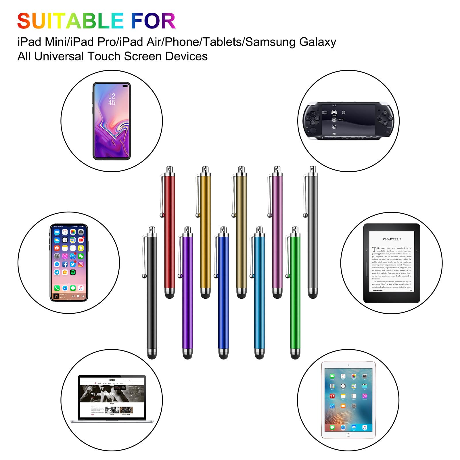 10 Pack Universal Stylus Pens for iPad, Samsung Galaxy & Smartphones - Capacitive Touch Screen Stylus with Multiple Colors - Perfect for Drawing, Note-Taking & Digital Signatures