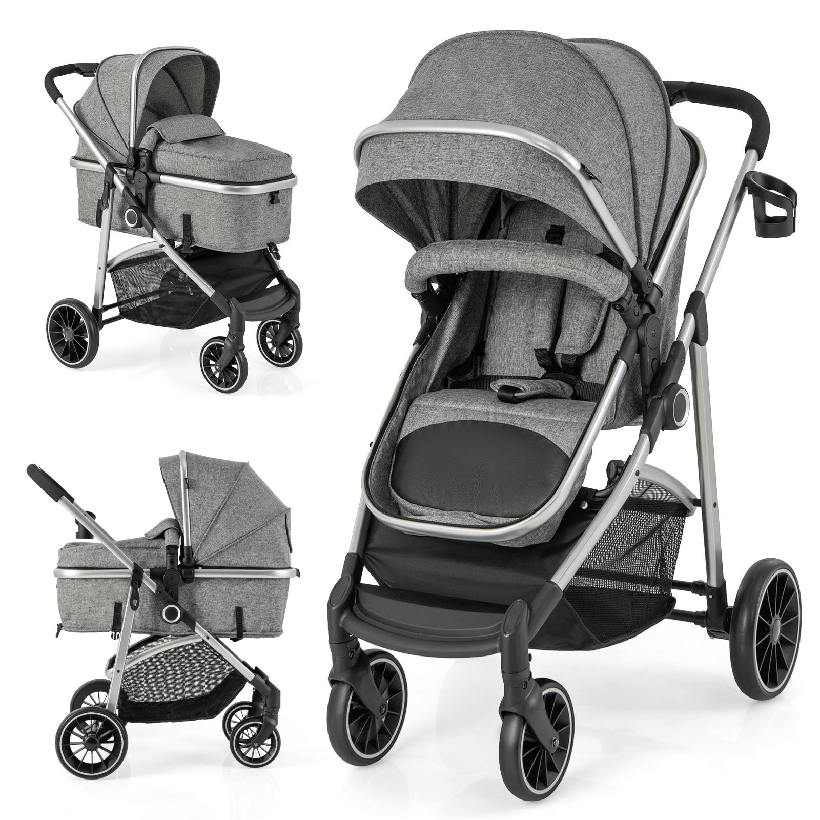 BABY JOY 2-in-1 Convertible Baby Stroller - Reversible Seat, Adjustable Canopy & Backrest, Removable Footmuff for Newborn to 3 Years (0-36 Months) | Lightweight Foldable Travel Stroller for Shopping, Park & Daily Use | Gray