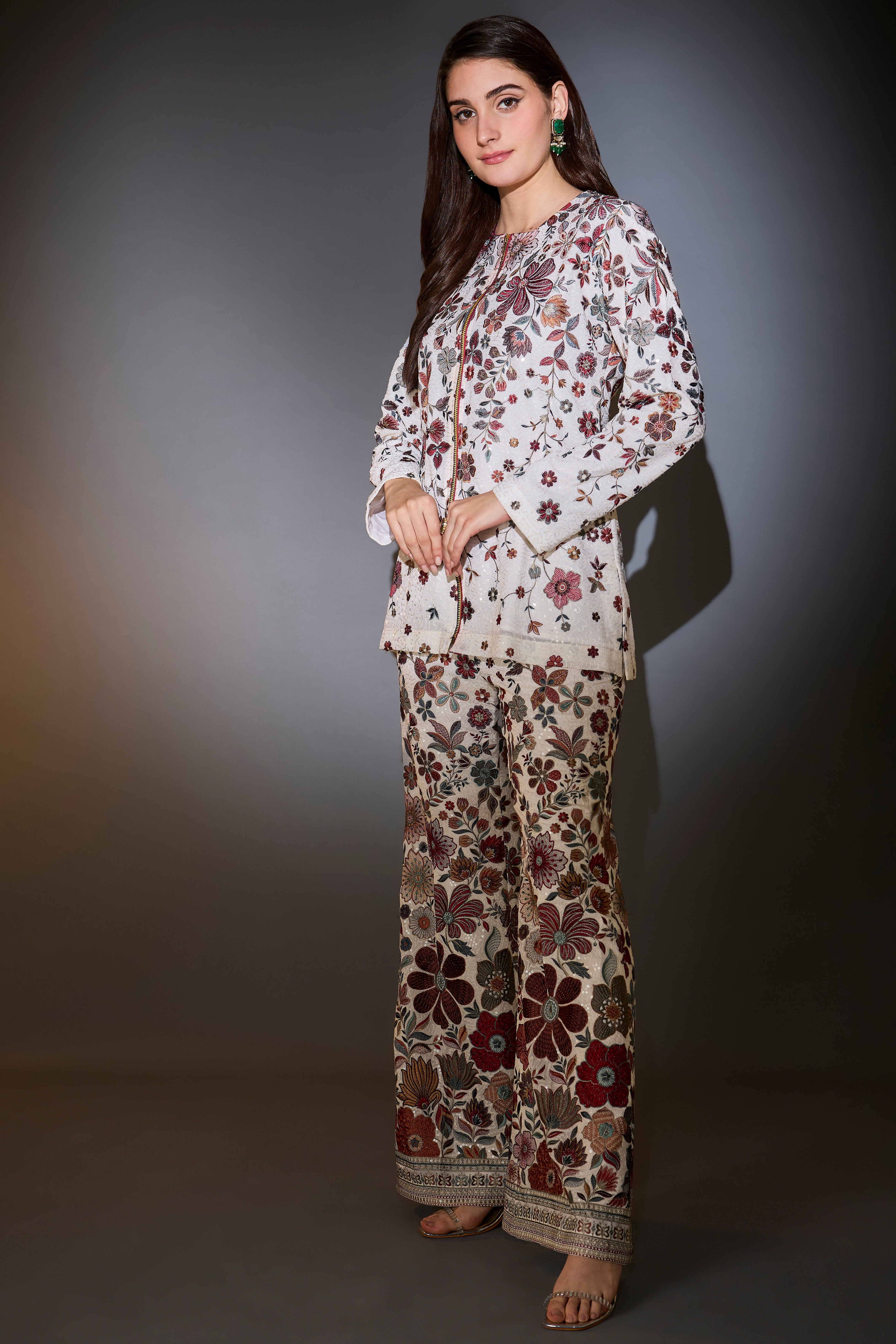 Ivory Co Ord Set with Heavy Multi Thread Floral Embroidery, Sprinkle & Sequin Work - Elegant Matching Outfit for Parties, Weddings & Special Occasions