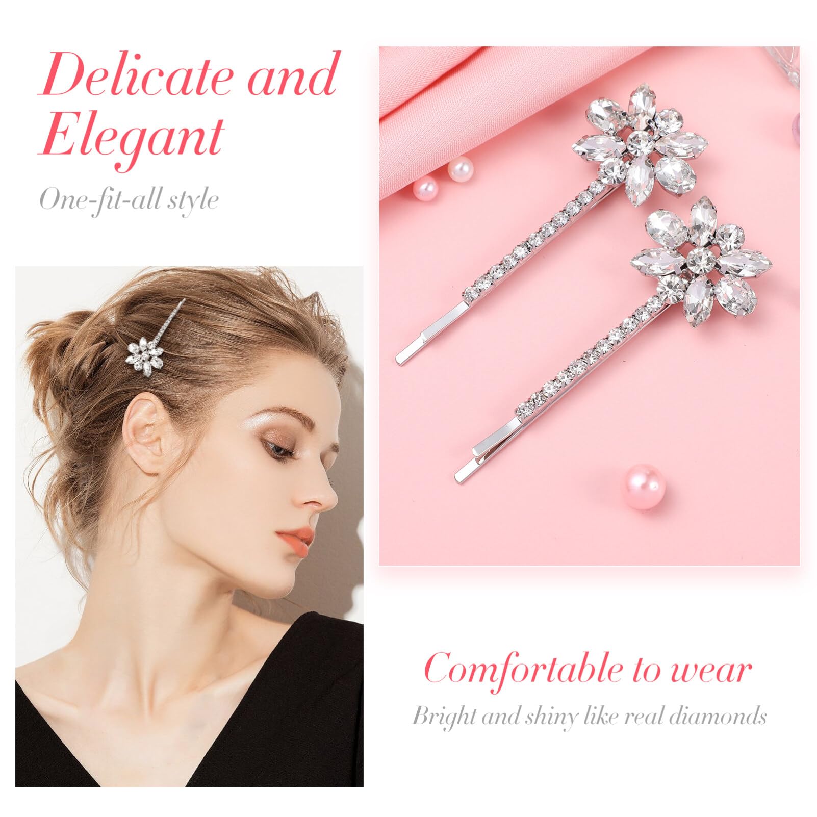 Elegant Crystal Flower Hair Pins - Rhinestone Floral Bobby Pins for Women | Bridal Hair Accessories | Wedding, Prom & Party Hair Clips (Silver)
