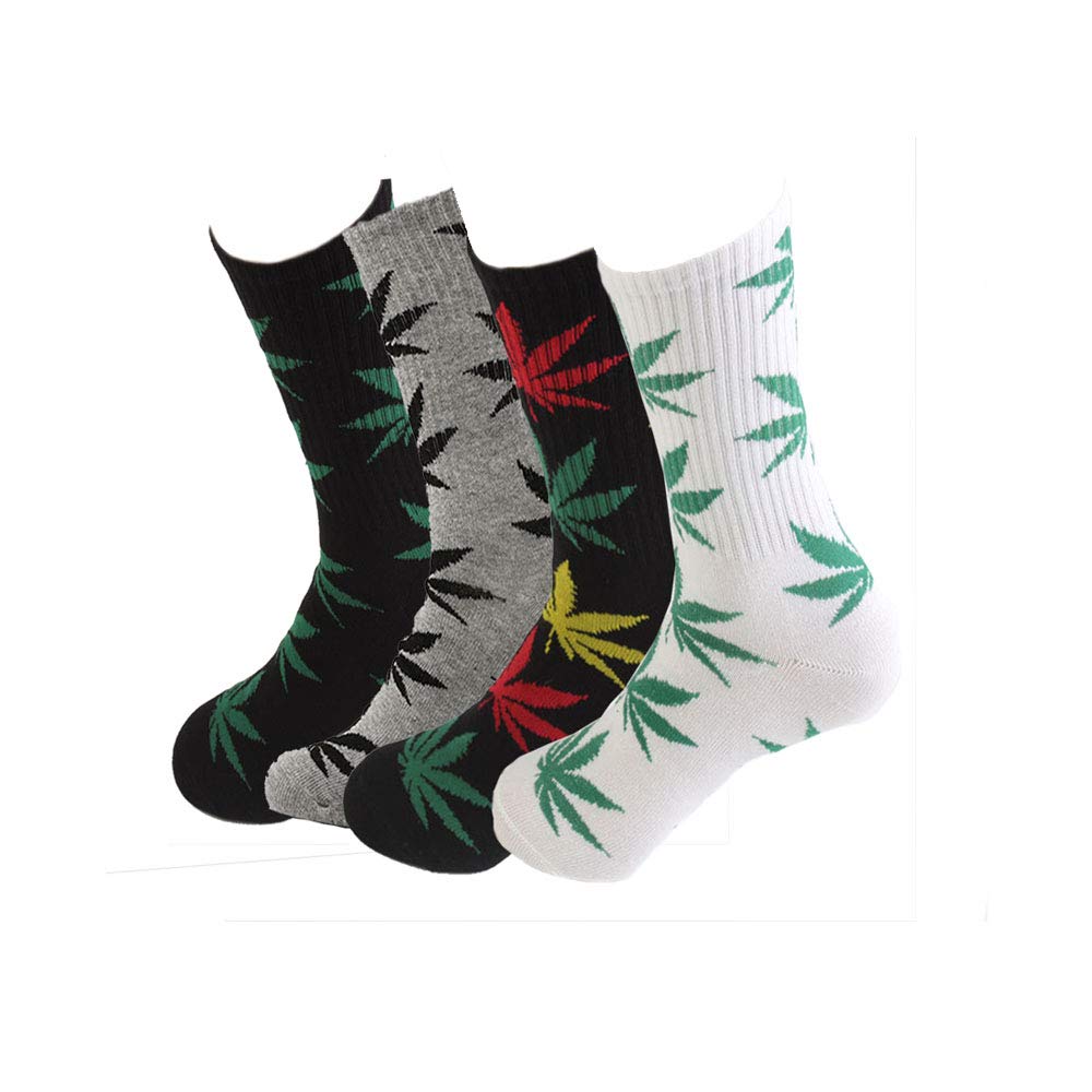 TTD 4 Packs Unisex Cannabis Leaf Print Cotton Socks - Breathable Athletic Crew Socks for Men & Women - Perfect for Sports, Gym, and Casual Wear