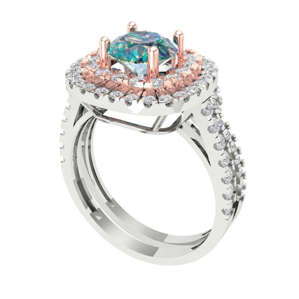 2.0ct Round Cut Halo Solitaire Blue Moissanite Engagement Ring - 14k White & Rose Gold Wedding Band Set for Women | Anniversary, Promise, Bridal Jewelry Gift for Her | Perfect for Proposals, Weddings & Special Occasions