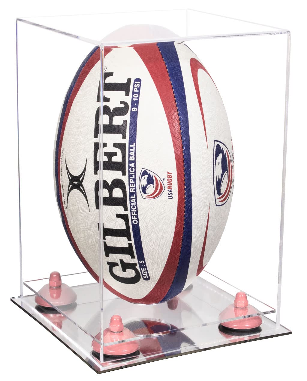 Clear Acrylic Rugby Ball Display Case with Mirror Base & Pink Risers - Vertical Trophy Showcase for Collectibles, Awards & Sports Memorabilia (B42/A060) - Perfect for Home Decor, Office Display & Gift Giving