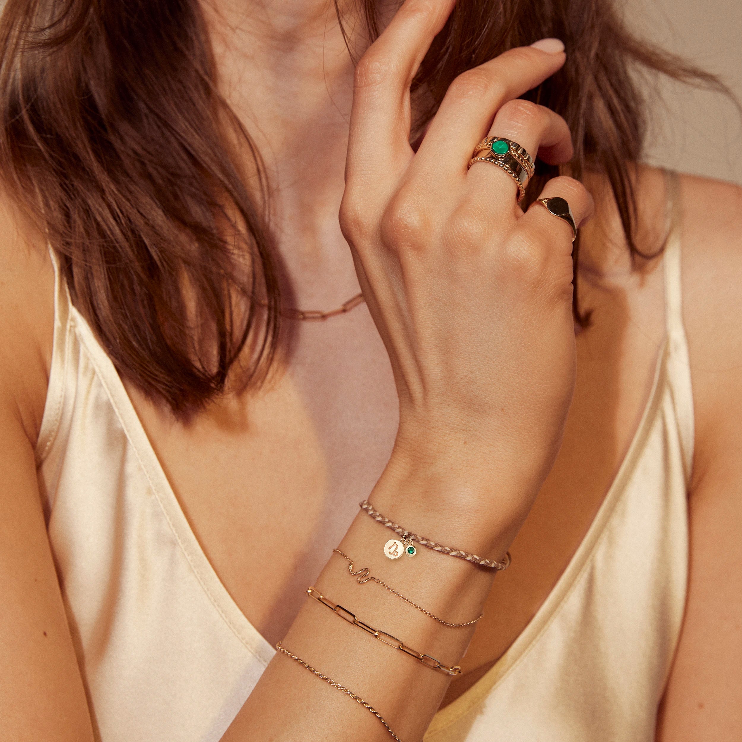 10K Yellow Gold Virgo Zodiac Earth Element Cord Bracelet with Emerald – Perfect for Birthdays, Gifts & Spiritual Healing