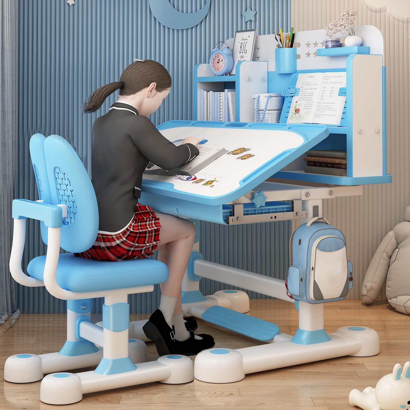 Adjustable Kids Study Desk and Chair Set - Ergonomic Height Adjustable Children's Writing Table with Tilt Desktop, Book Stand & Footrest - Blue Learning Furniture for Home Schooling & Online Classes