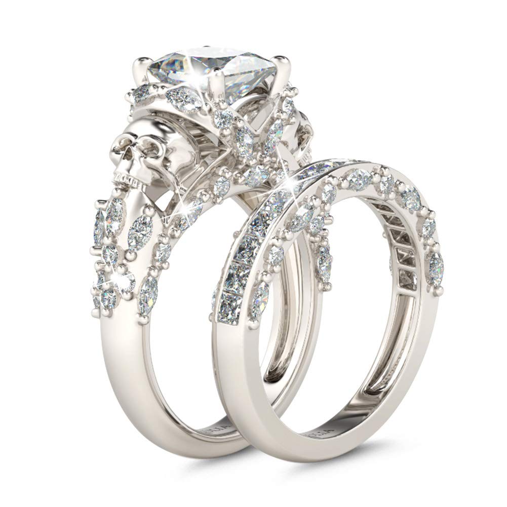 Jeulia Sterling Silver Skull Engagement Ring Set with Princess Cut Cubic Zirconia - Wedding, Anniversary, Promise Rings for Women - Perfect for Gothic Bridal, Alternative Proposals & Unique Couple Jewelry