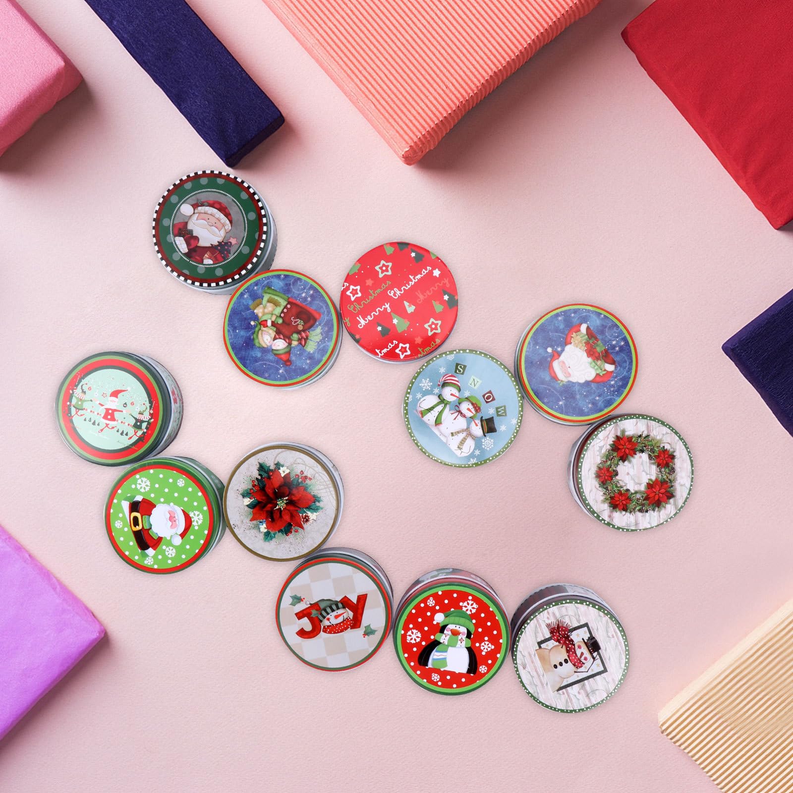 DOITOOL 12PCS Christmas Cookie Tins with Lids - Round Holiday Candy Storage Containers, Small Metal Cookie Box Set for Xmas Gifts, Party Favors & Baking Treats (2.95x2.95x1.97 Inch) - Perfect for Holiday Gift Wrapping, Cookie Exchanges & Festive Dessert Displays
