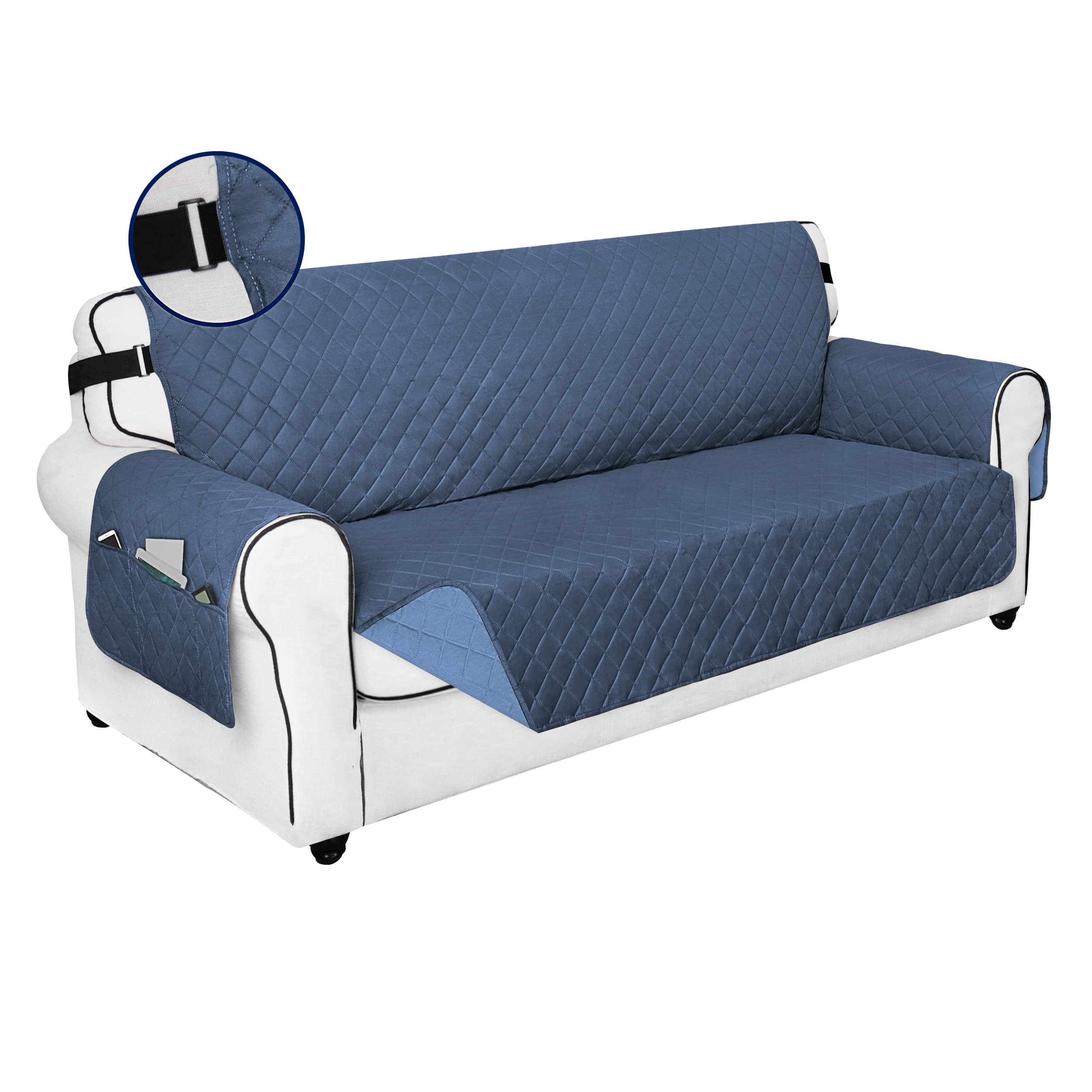 PureFit Reversible Water-Resistant Sofa Cover for 3-Cushion Couches | Washable Pet-Friendly Furniture Protector with Non-Slip Foam & Adjustable Straps | Dark Blue/Light Blue Oversized Sofa Cover | Perfect for Homes with Dogs, Pets or Kids