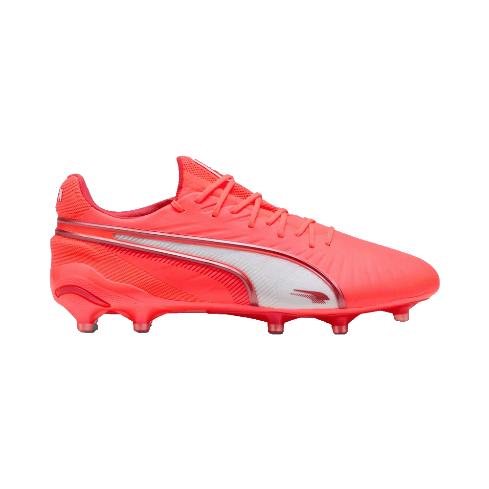 Puma King Ultimate FG/AG Football Boots for Men - Glowing Red & White Soccer Cleats - Lightweight Performance Shoes for Turf & Artificial Grass - Perfect for Training & Matches