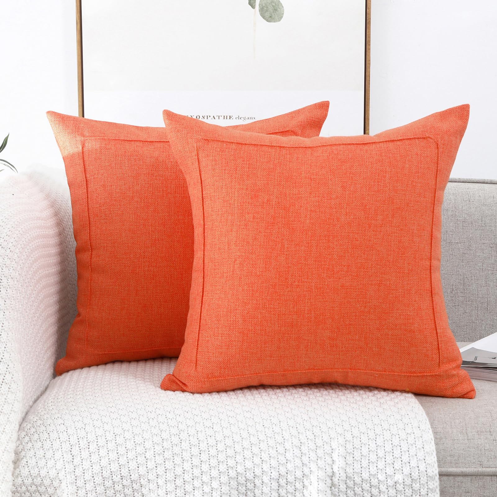 Jepeak 2-Pack Burlap Linen Throw Pillow Covers 20x20 Inches - Farmhouse Modern Decorative Square Cushion Cases for Sofa, Couch & Bed - Blaze Orange Thickened Pillow Protectors - Perfect for Living Room, Bedroom & Home Decor
