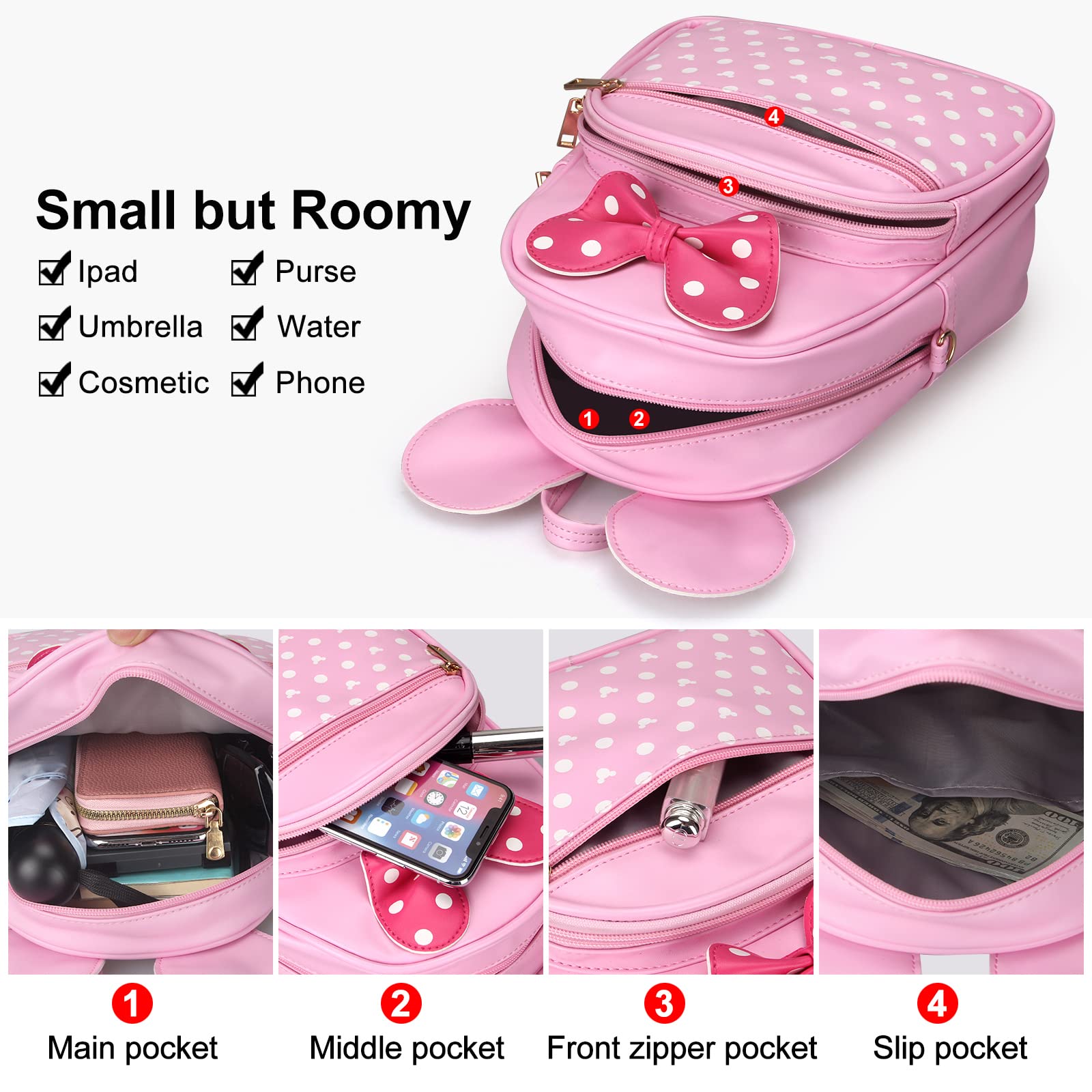 Adorable Mini Mouse Backpack for Little Girls - Pink Leather Toddler Backpack with Crossbody Strap, Cute Small Travel Bag for Preschool, Daycare & Outdoor Adventures