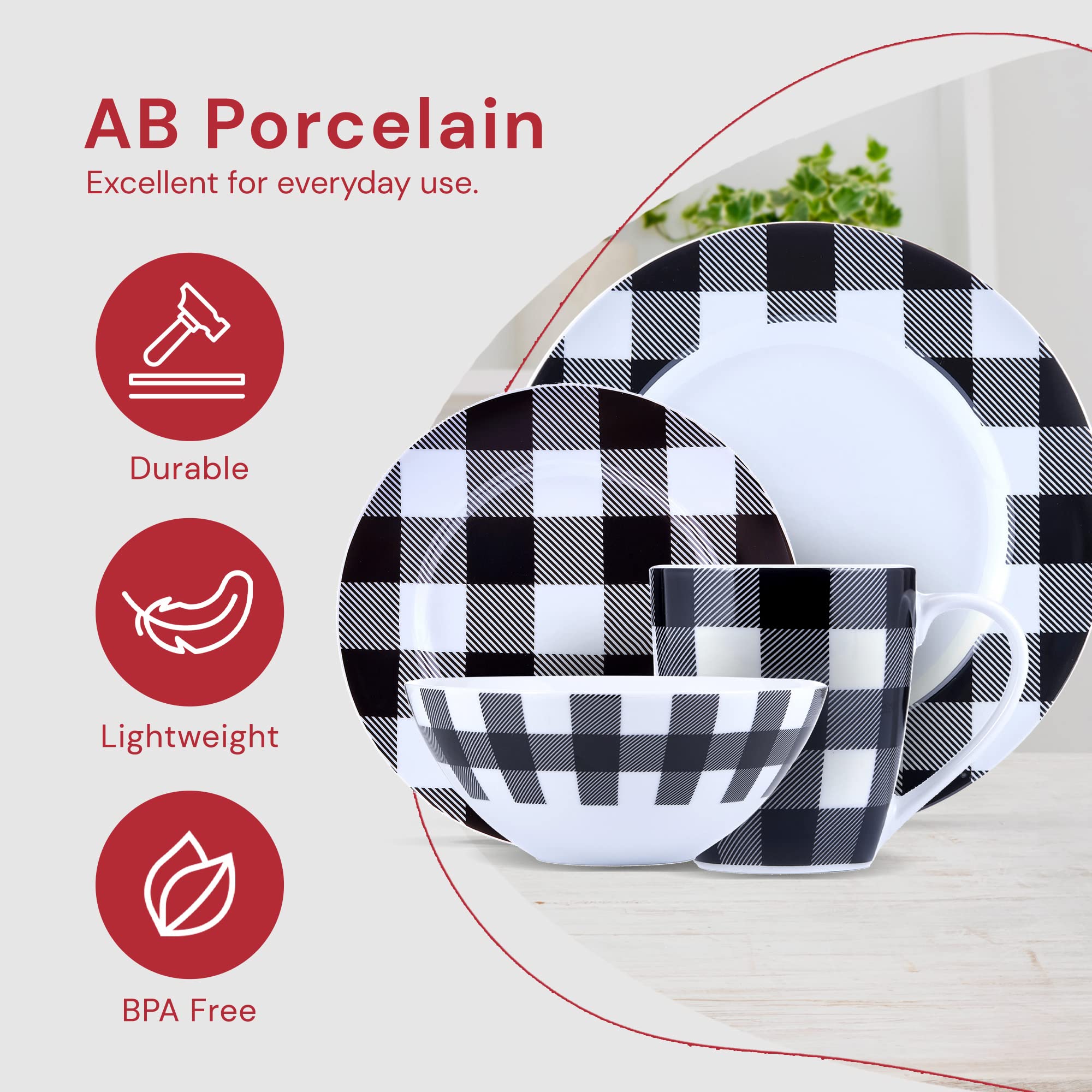 Modern Black & White Plaid 16-Piece Kitchen Dinnerware Set - Frost White Plates, Bowls & Mugs - Dishwasher Safe for Indoor Dining & Entertaining